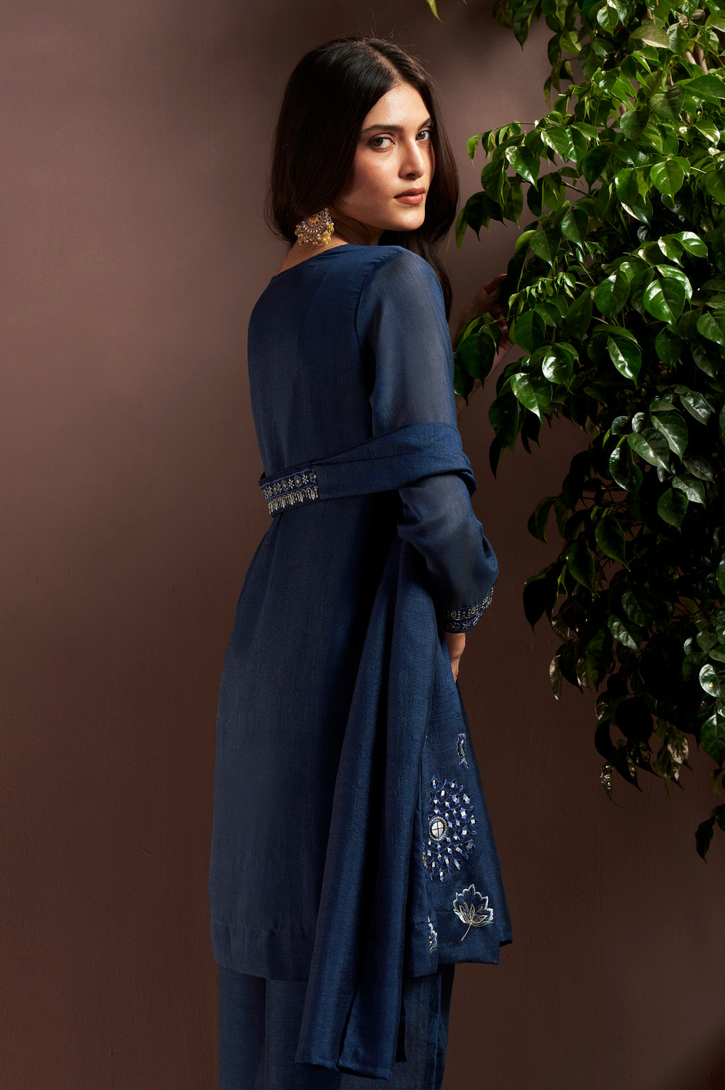 Navy Blue Silk Blend Embroidered and Mirror work Straight Kurta Set with Choker Net Dupatta