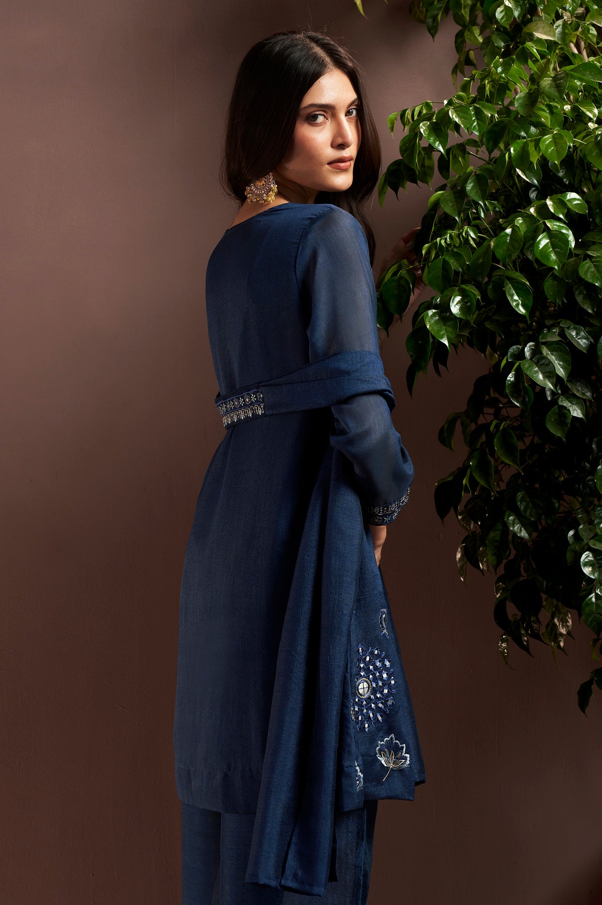 Navy Blue Silk Blend Embroidered and Mirror work Straight Kurta Set with Choker Net Dupatta