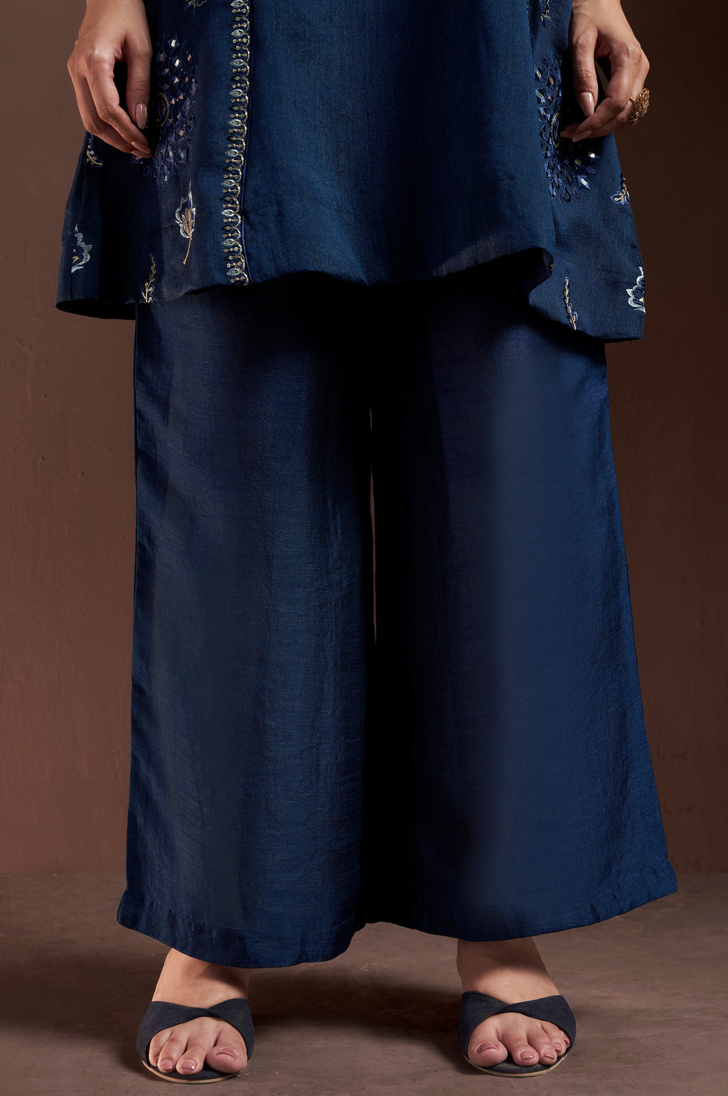 Navy Blue Silk Blend Embroidered and Mirror work Straight Kurta Set with Choker Net Dupatta