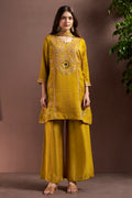 Mustred Silk Blend Embroidered Straight Kurta Set with Mirrorwork Choker Net Dupatta