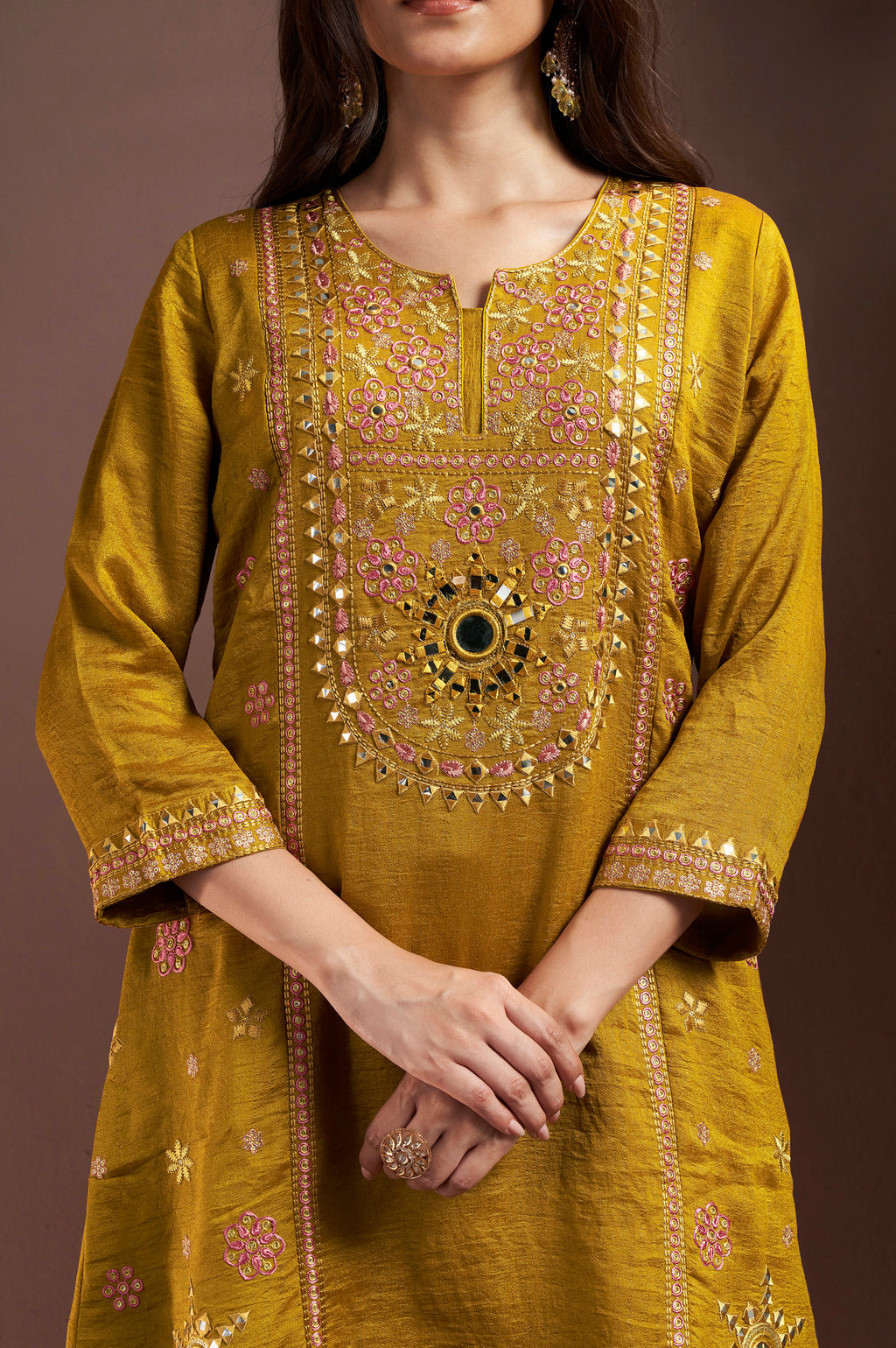 Mustred Silk Blend Embroidered Straight Kurta Set with Mirrorwork Choker Net Dupatta