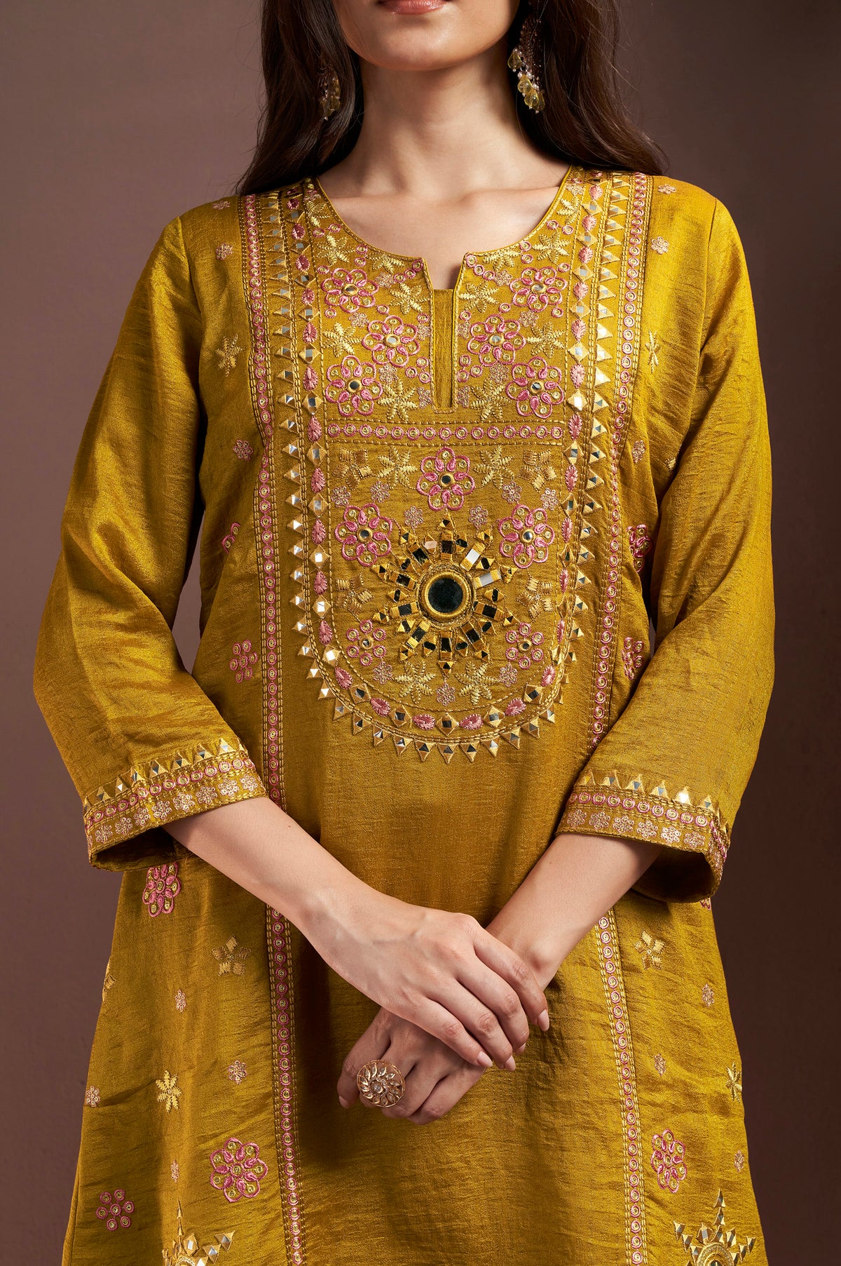 Mustred Silk Blend Embroidered Straight Kurta Set with Mirrorwork Choker Net Dupatta
