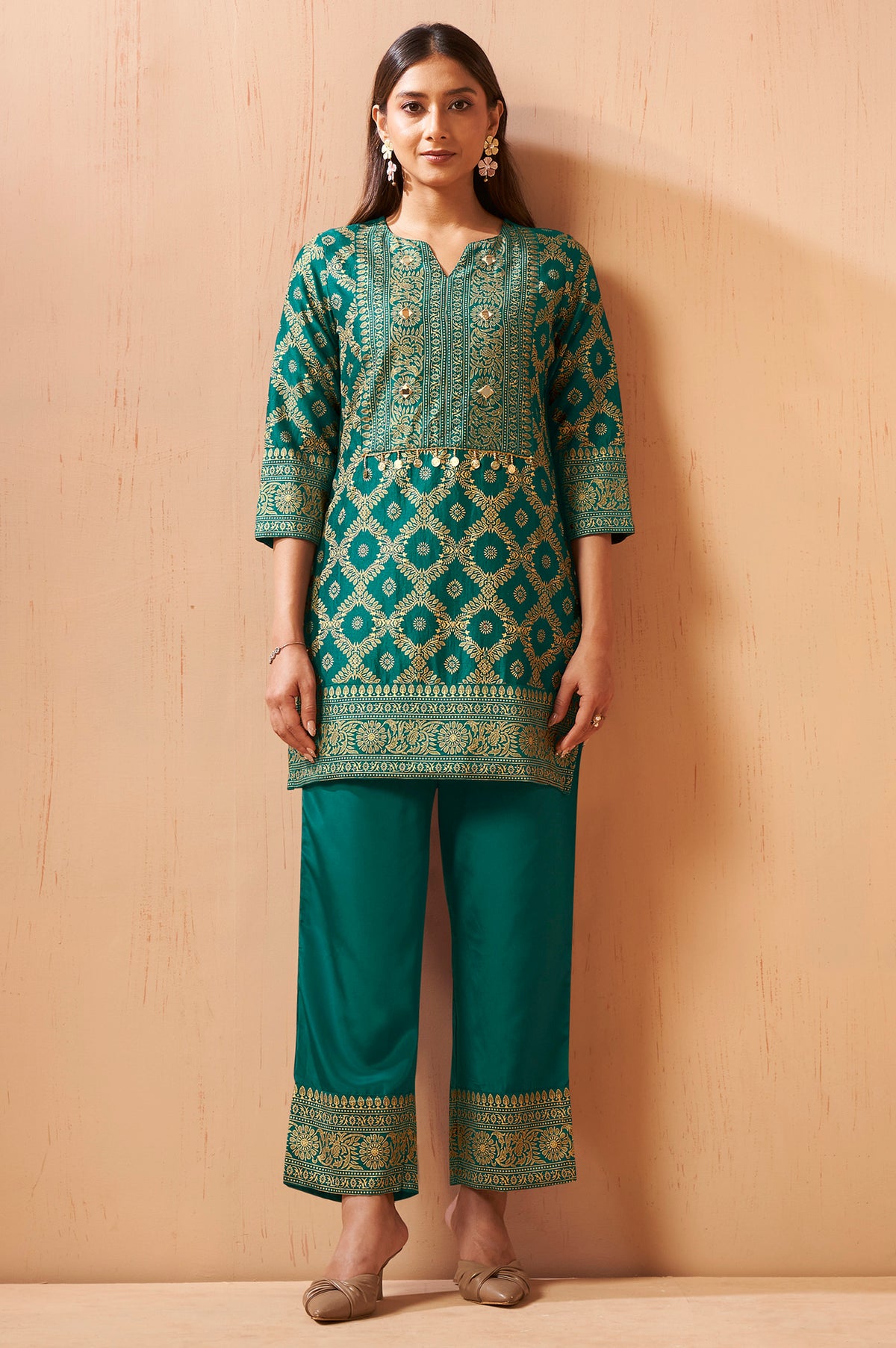 Women's Rama Green Foil Printed Vichitra Silk Co-Ord Set