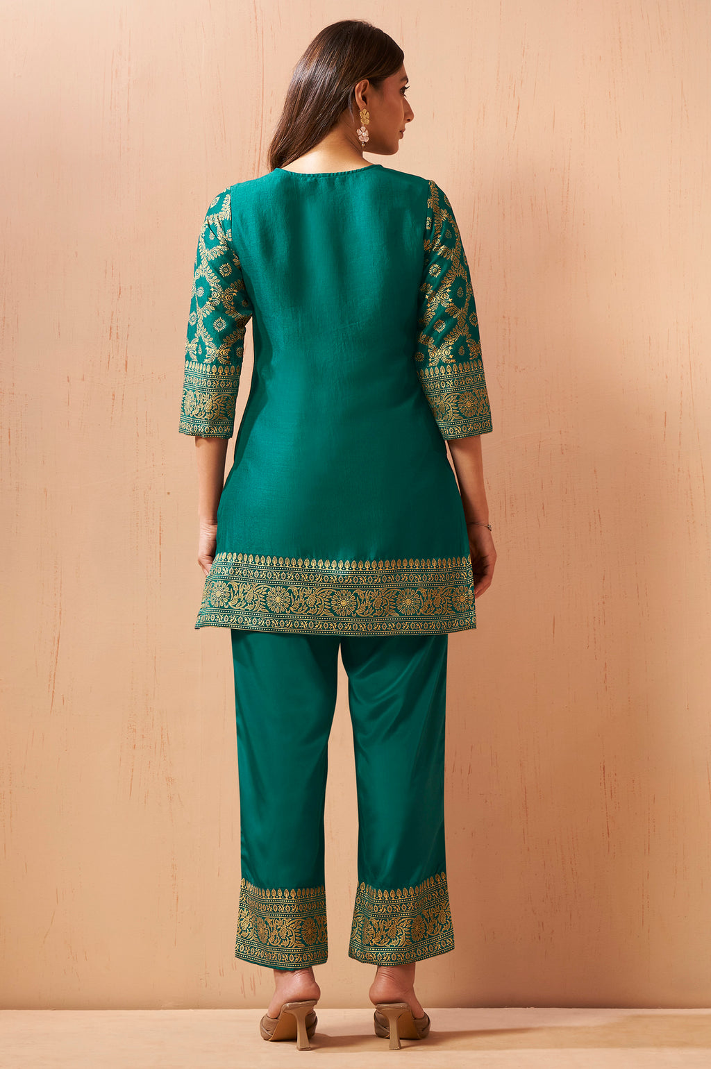 Women's Rama Green Foil Printed Vichitra Silk Co-Ord Set