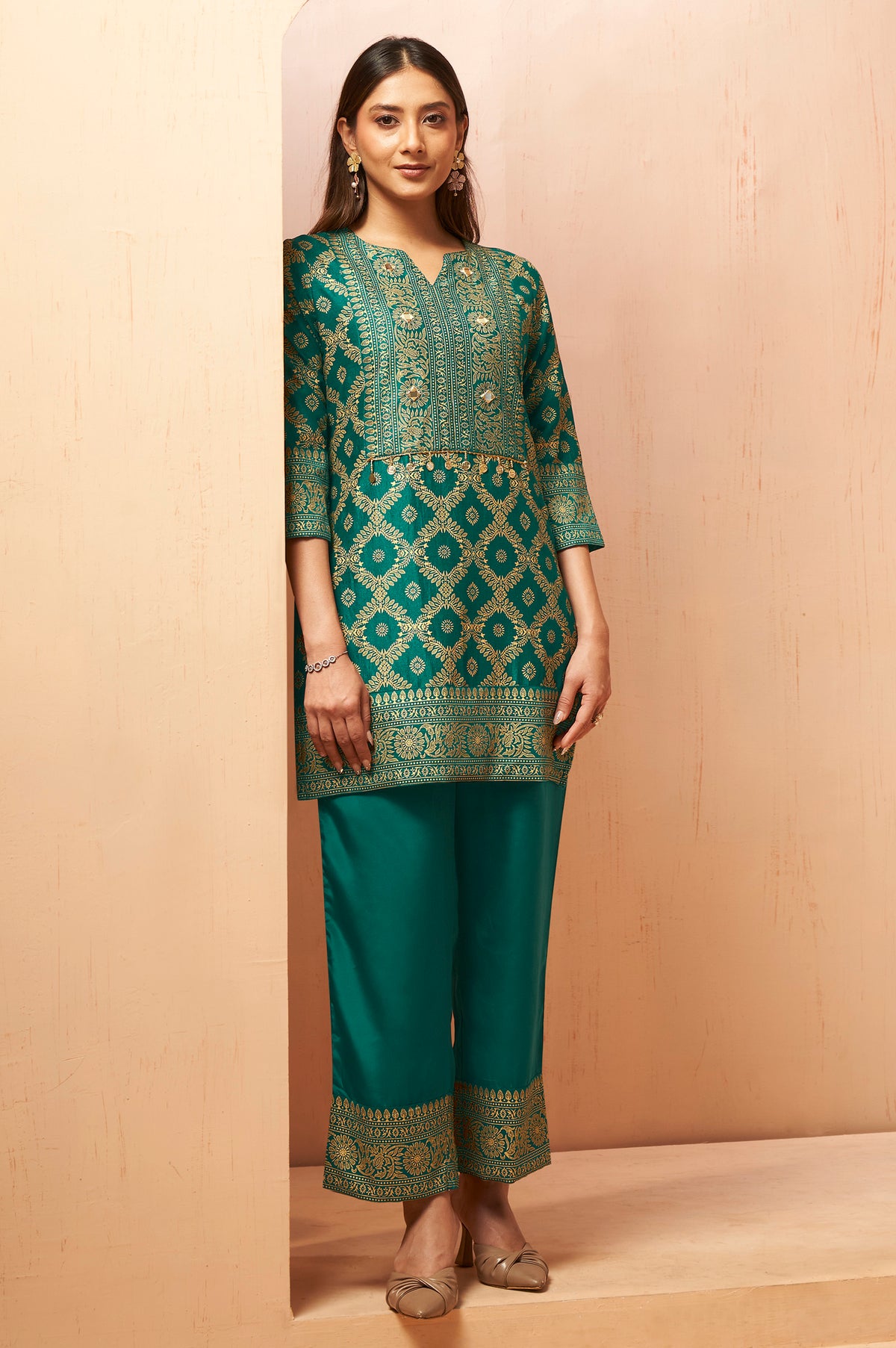 Women's Rama Green Foil Printed Vichitra Silk Co-Ord Set