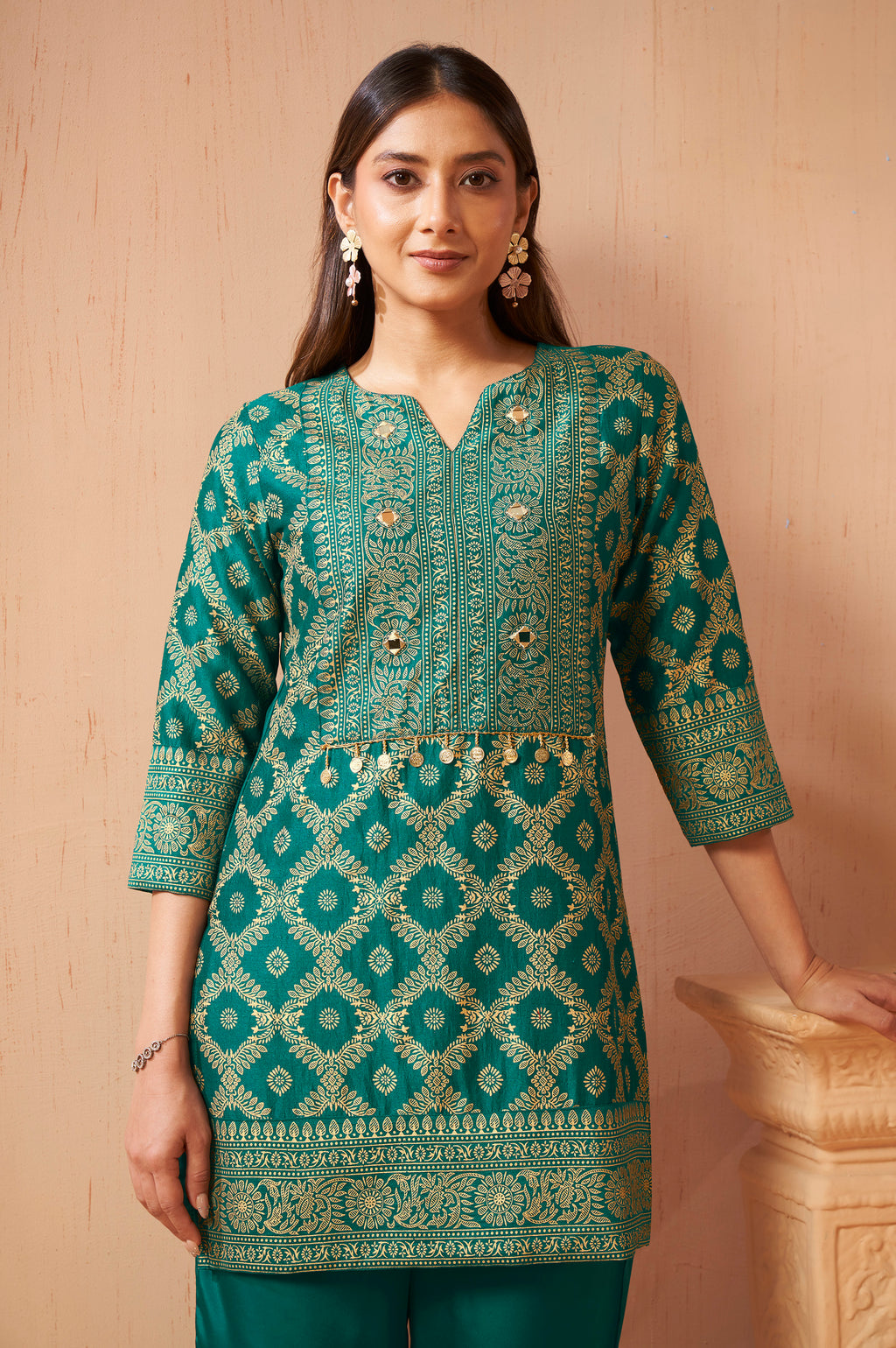 Women's Rama Green Foil Printed Vichitra Silk Co-Ord Set