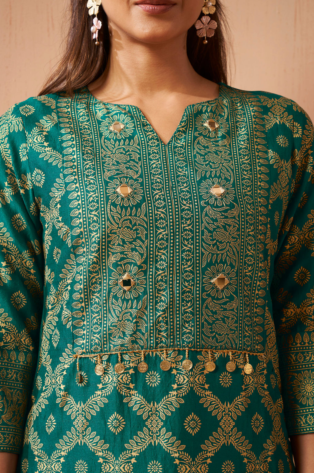 Women's Rama Green Foil Printed Vichitra Silk Co-Ord Set