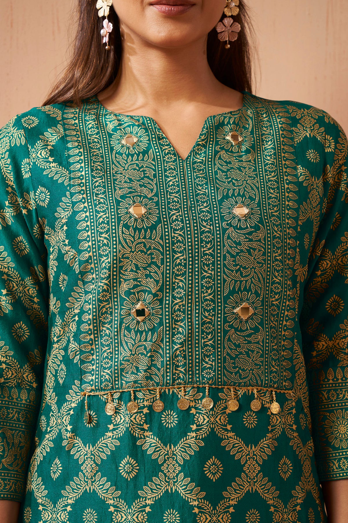 Women's Rama Green Foil Printed Vichitra Silk Co-Ord Set