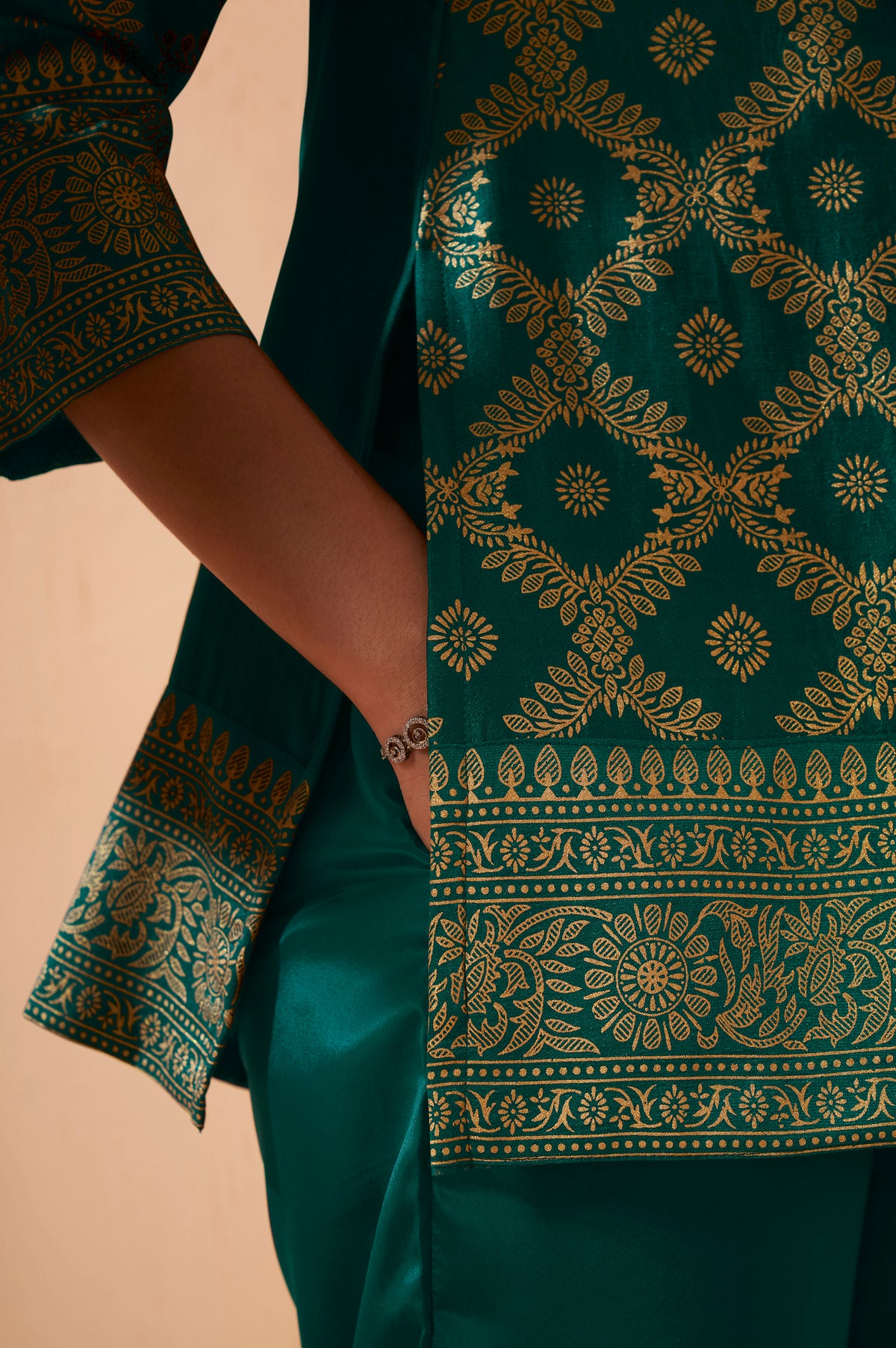 Women's Rama Green Foil Printed Vichitra Silk Co-Ord Set