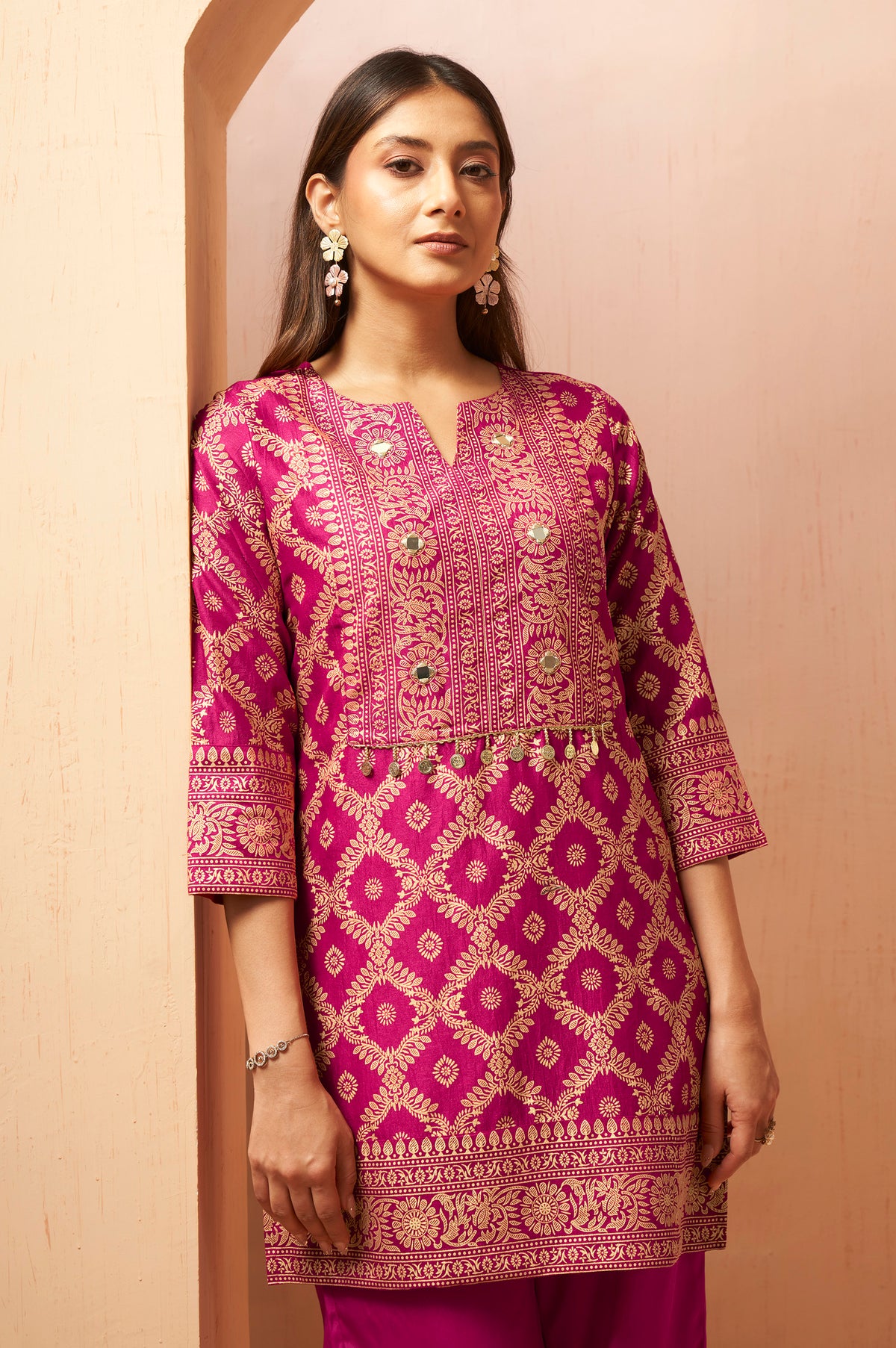 Women's Pink Foil Printed Vichitra Silk Co-Ord Set