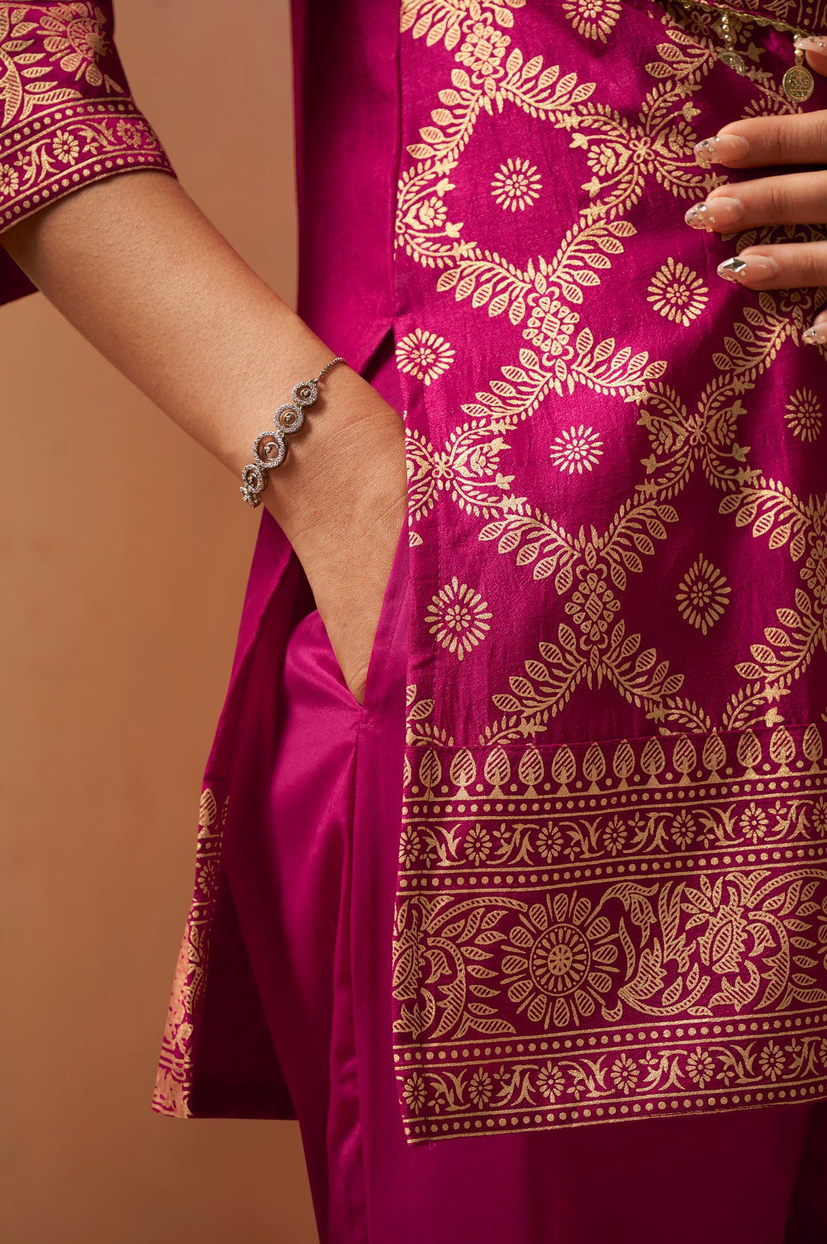 Women's Pink Foil Printed Vichitra Silk Co-Ord Set