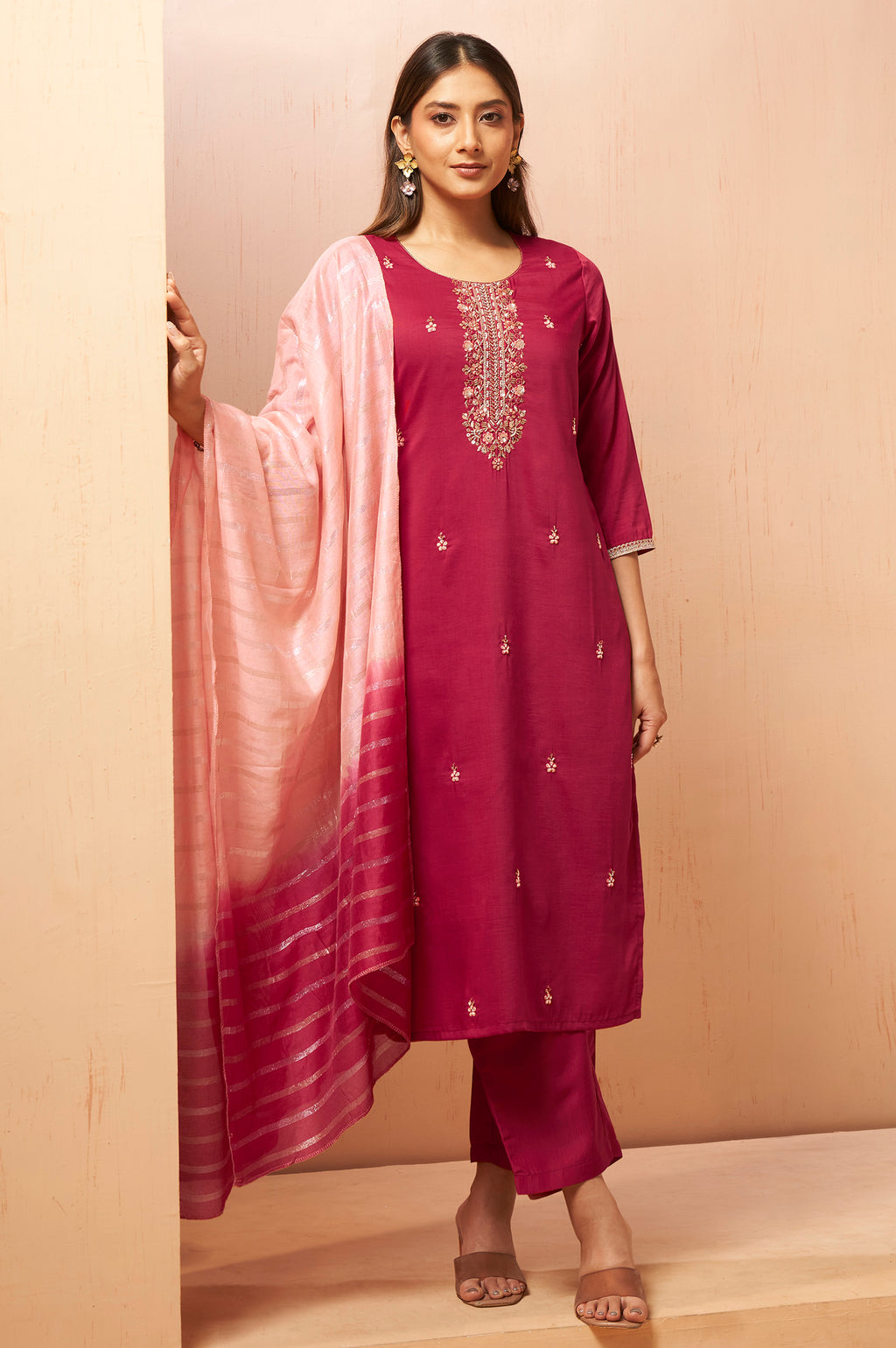 Women's Red Embroidered Chinnon Kurta Set