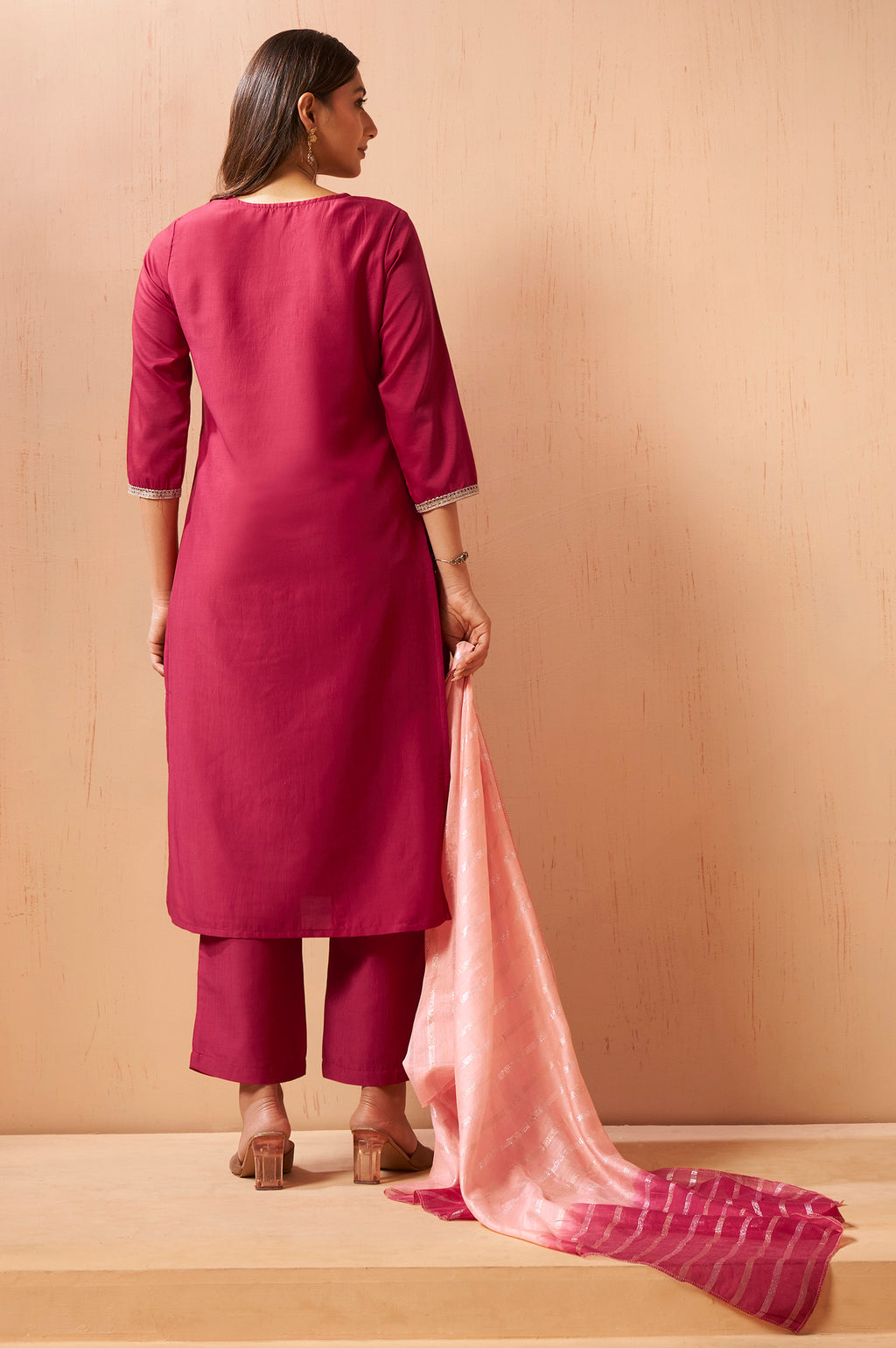 Women's Red Embroidered Chinnon Kurta Set