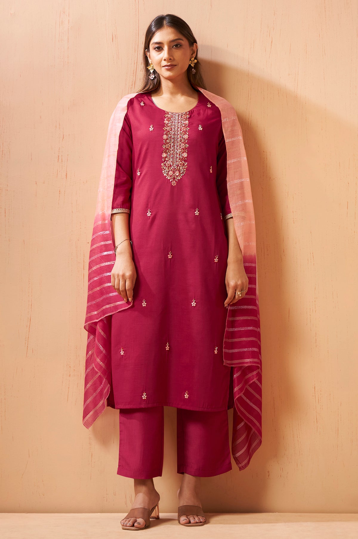 Women's Red Embroidered Chinnon Kurta Set