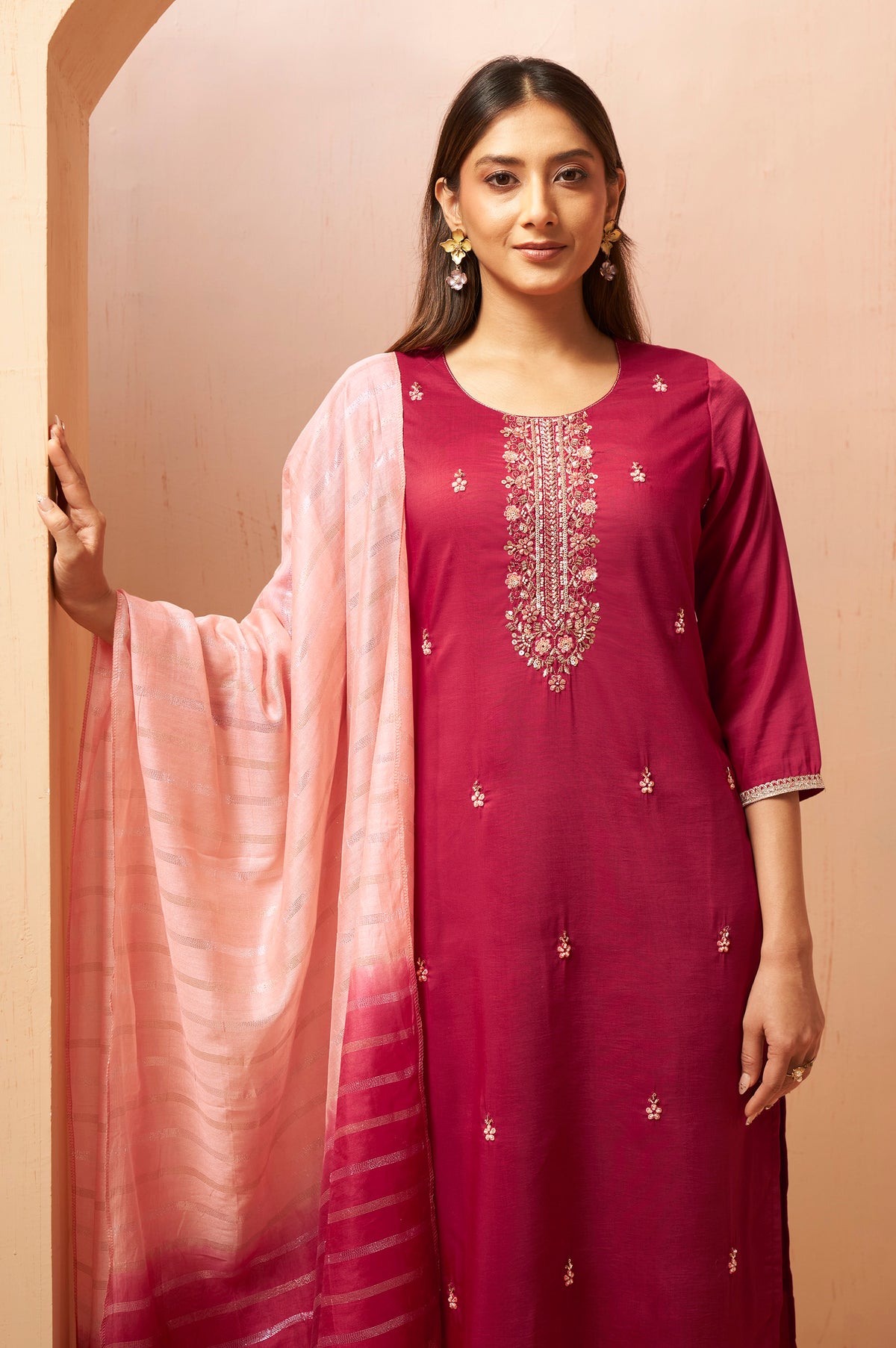 Women's Red Embroidered Chinnon Kurta Set