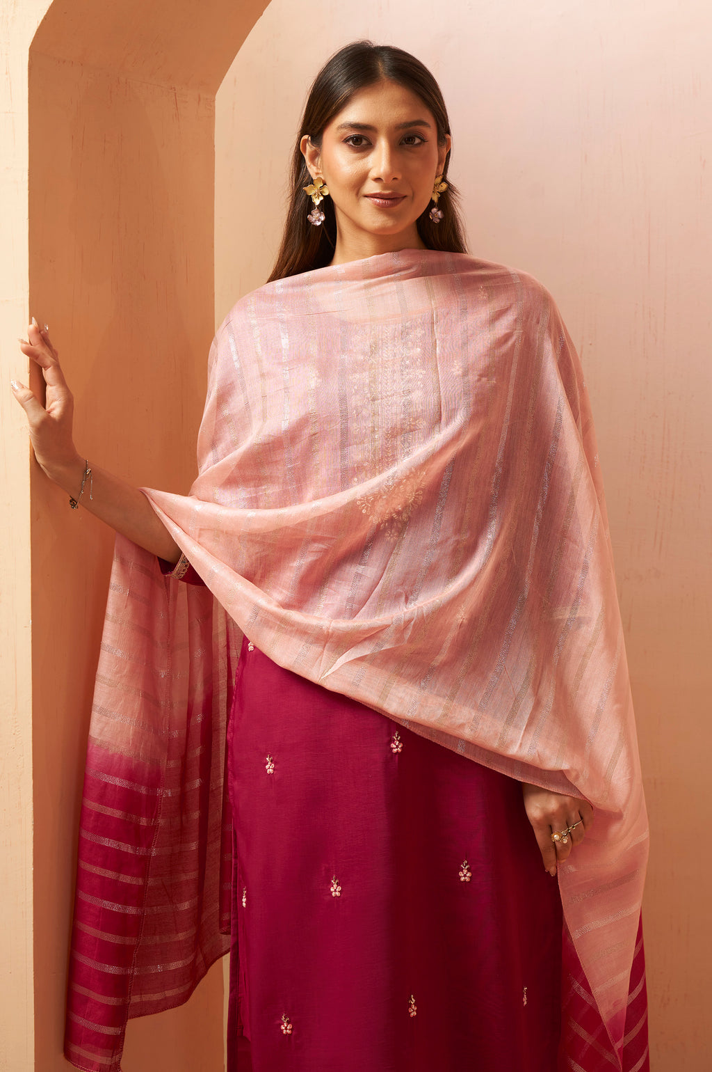 Women's Red Embroidered Chinnon Kurta Set
