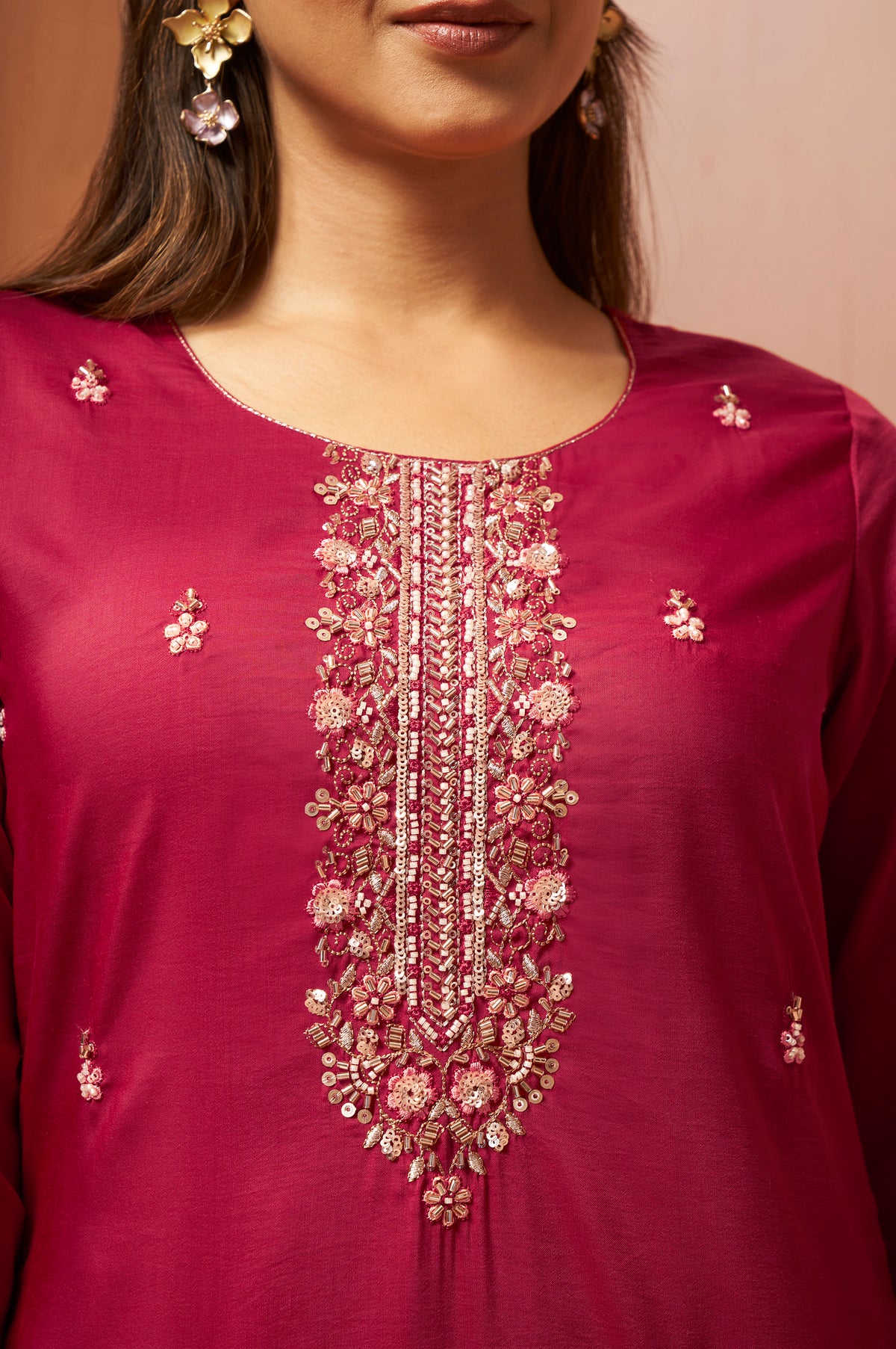 Women's Red Embroidered Chinnon Kurta Set