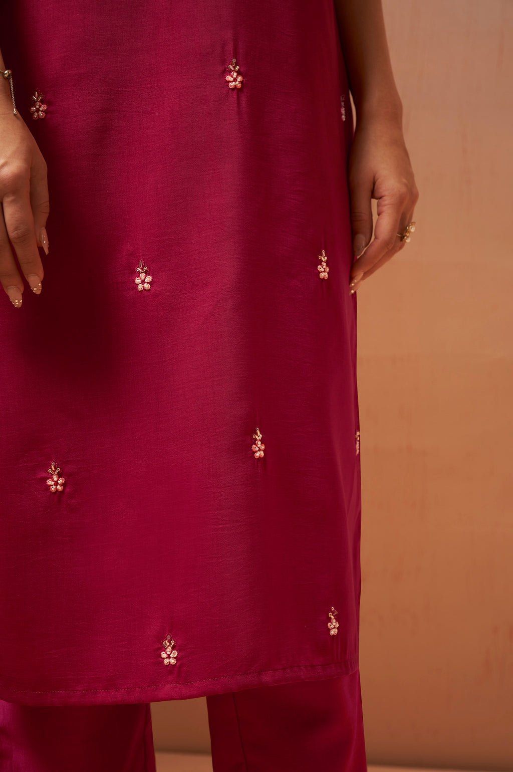 Women's Red Embroidered Chinnon Kurta Set