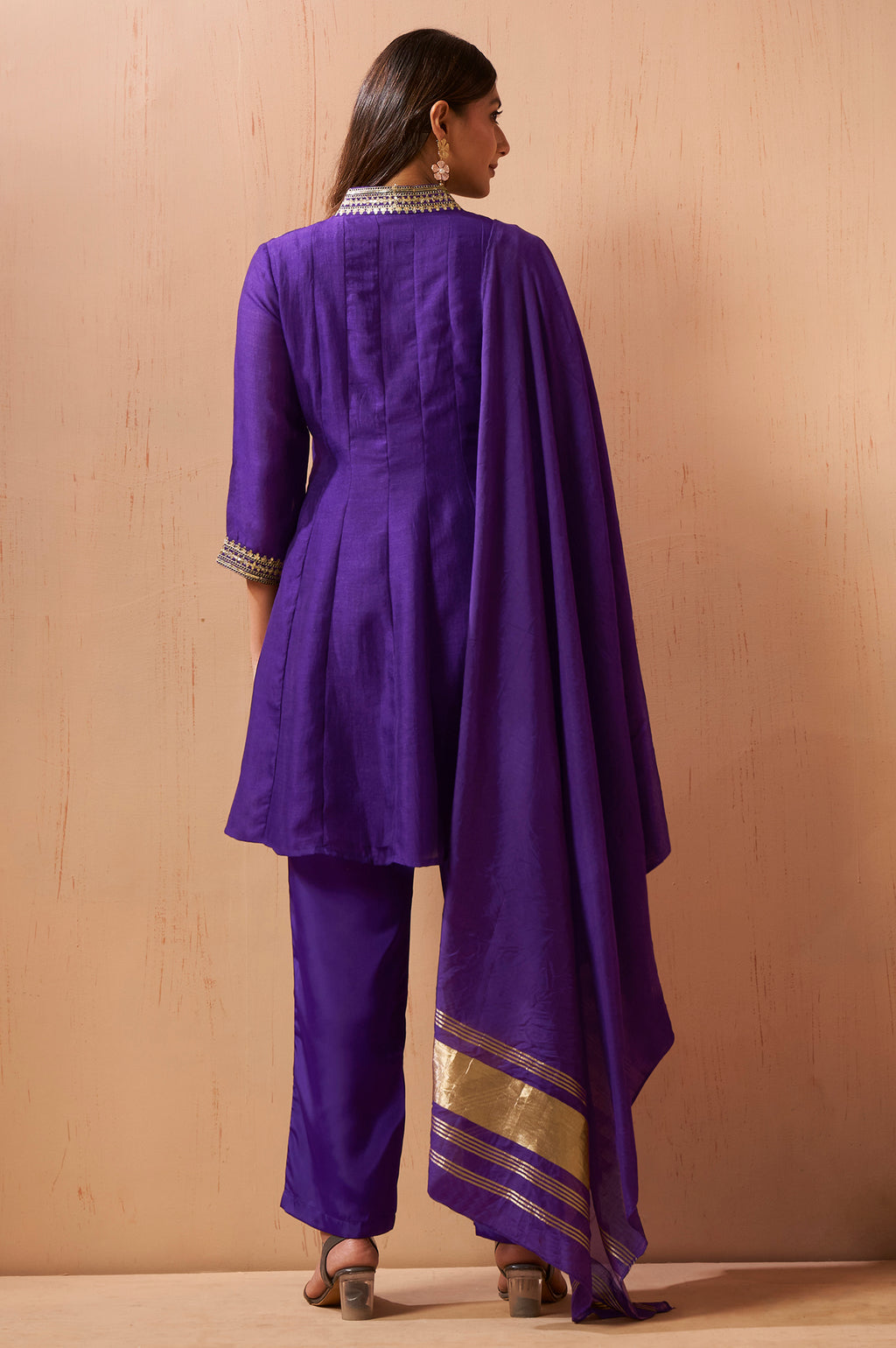 Women's Purple Embroidered Vichitra Silk Kurta Set