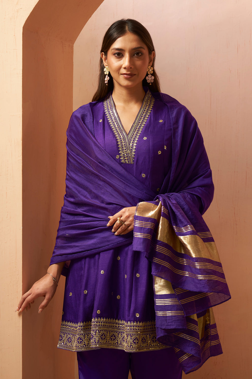 Women's Purple Embroidered Vichitra Silk Kurta Set