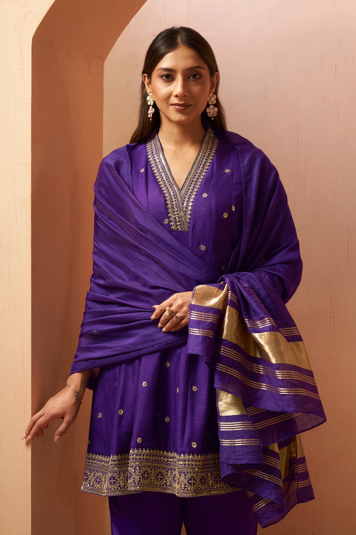 Women's Purple Embroidered Vichitra Silk Kurta Set