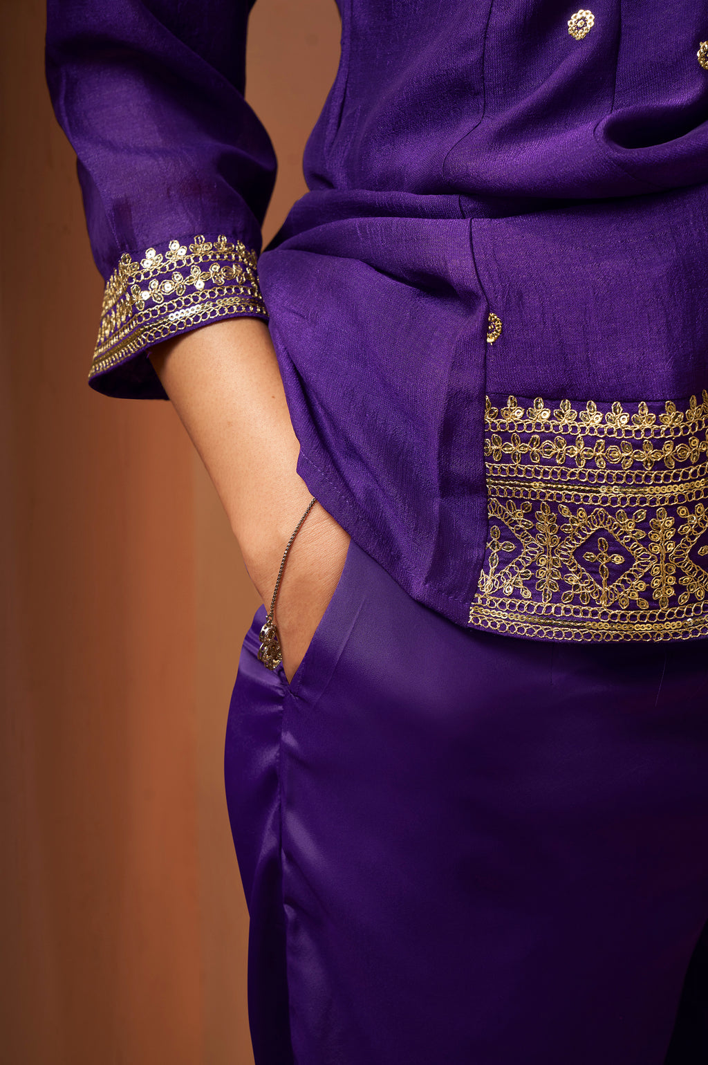 Women's Purple Embroidered Vichitra Silk Kurta Set