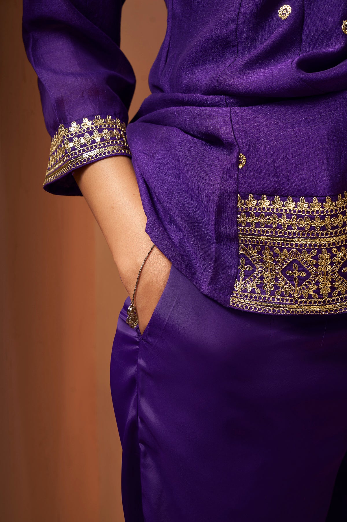 Women's Purple Embroidered Vichitra Silk Kurta Set