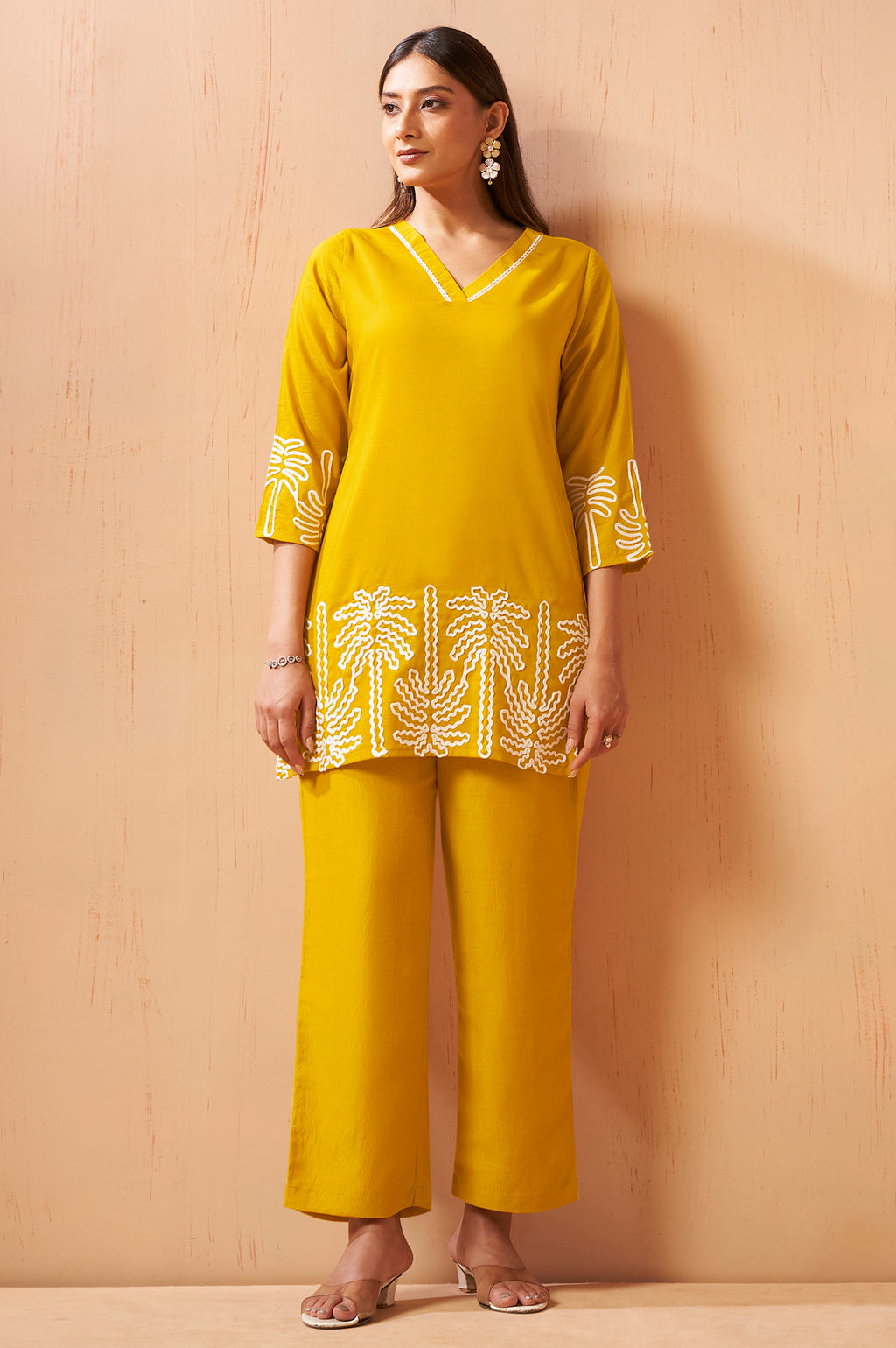 Mustard Embroidered Cotton Blend Co-Ord Set