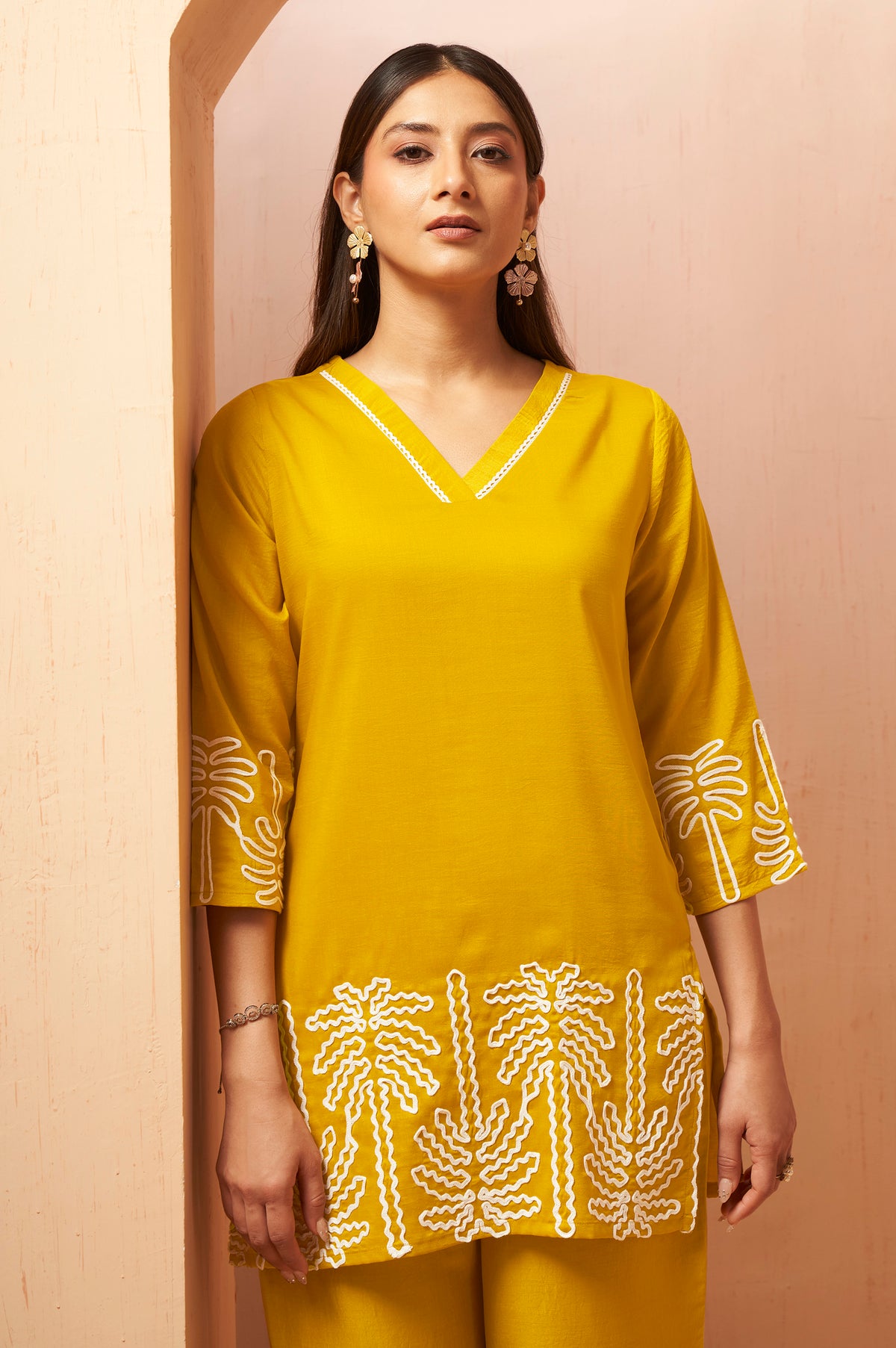 Mustard Embroidered Cotton Blend Co-Ord Set