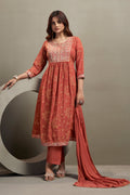 Women's Orange Georgette Embroidered Straight Kurta Set with Chiffon Dupatta
