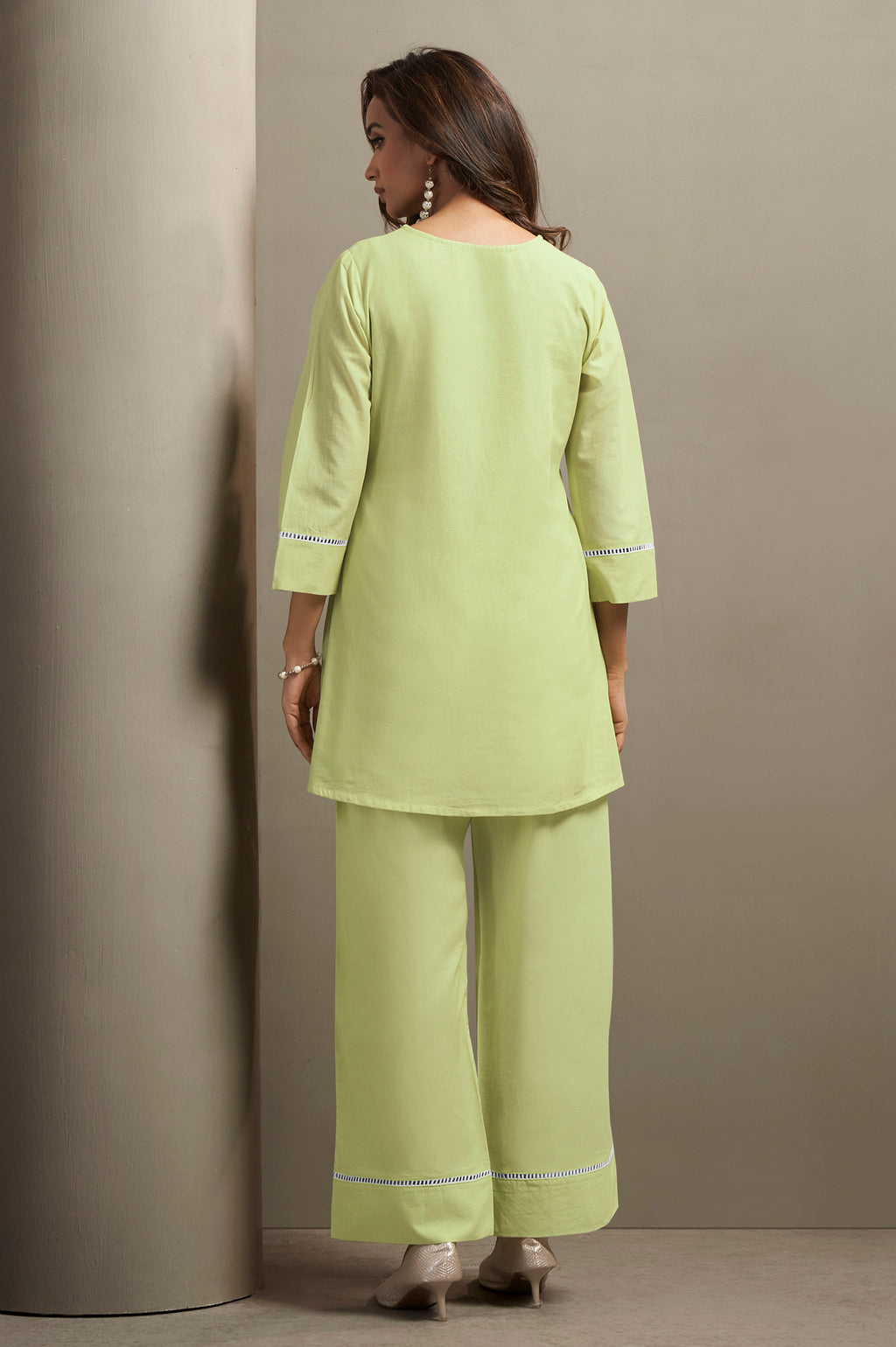 Pista Green Embroidered Handwork Cotton Blend Co-Ord Set
