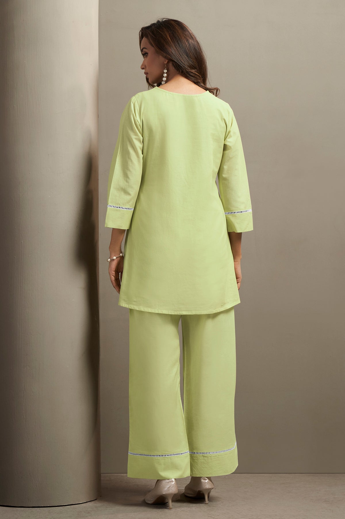 Pista Green Embroidered Handwork Cotton Blend Co-Ord Set