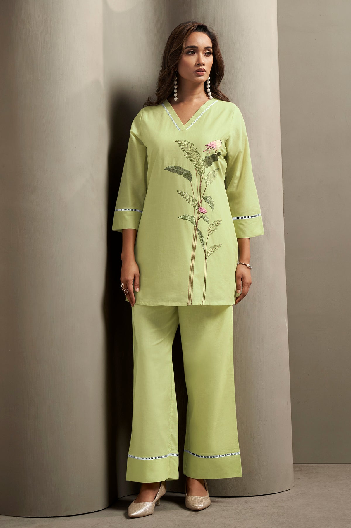 Pista Green Embroidered Handwork Cotton Blend Co-Ord Set