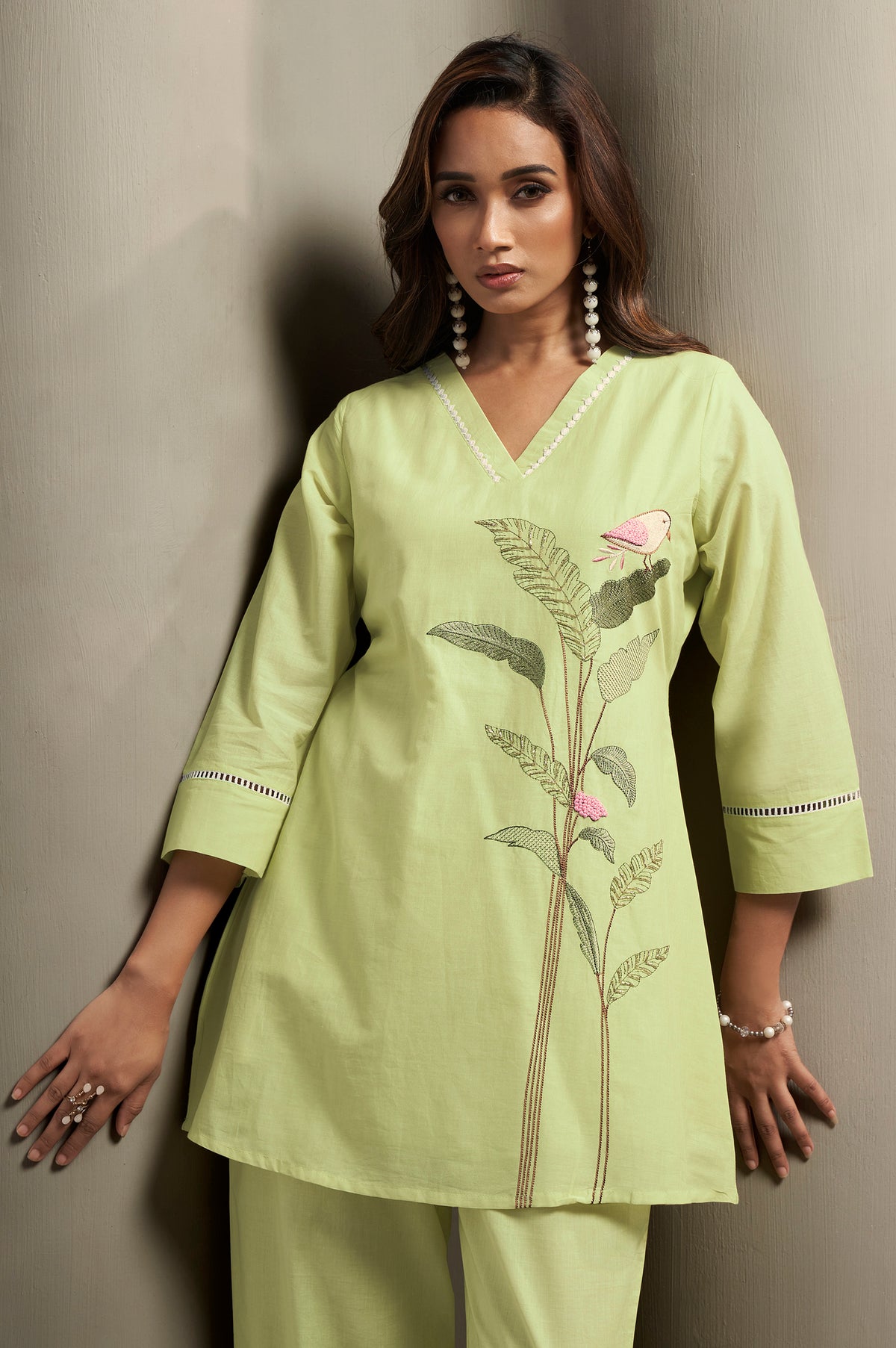 Pista Green Embroidered Handwork Cotton Blend Co-Ord Set