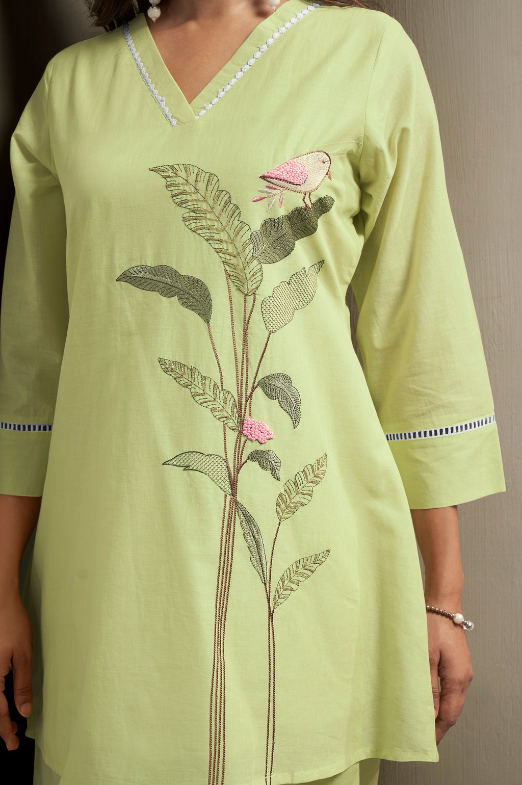 Pista Green Embroidered Handwork Cotton Blend Co-Ord Set