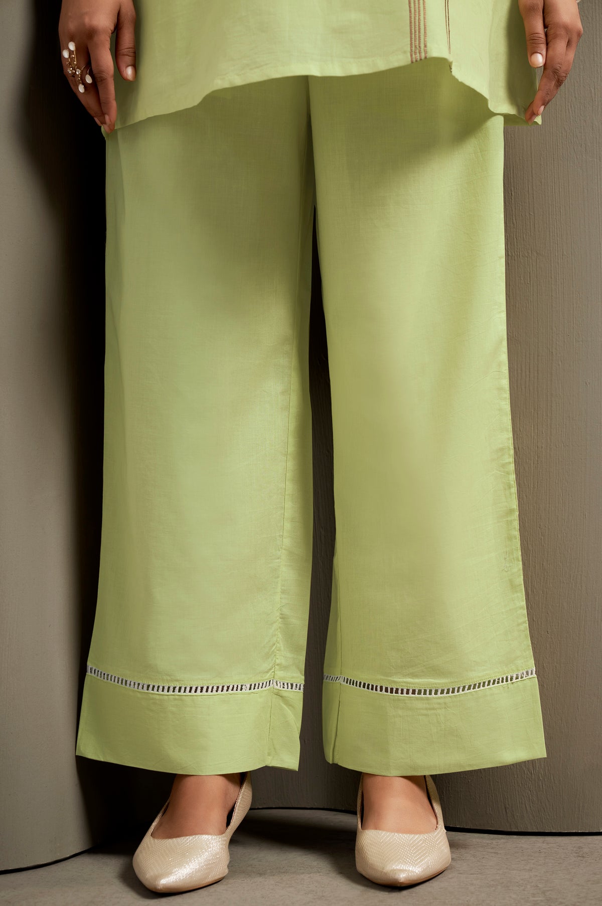 Pista Green Embroidered Handwork Cotton Blend Co-Ord Set