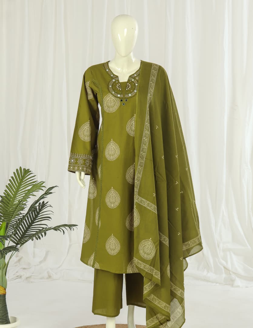 Premium 60-60 Cotton Pakistani Style Sleeves Kurti Palazzo Dupatta