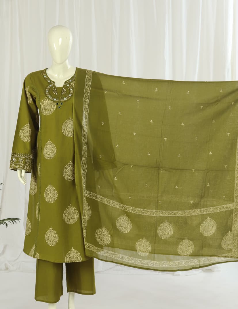 Premium 60-60 Cotton Pakistani Style Sleeves Kurti Palazzo Dupatta