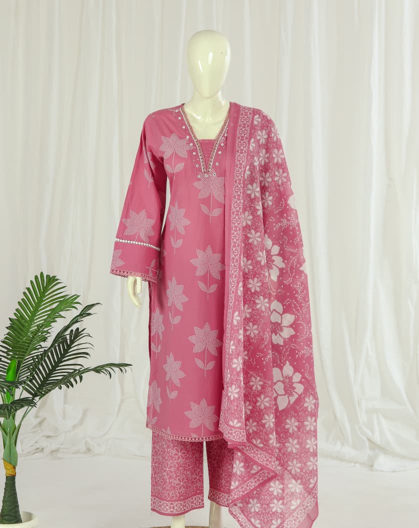 Premium 60-60 Cotton A-line Kurti Palazzo Dupatta  Pakistani Style Full Sleeves