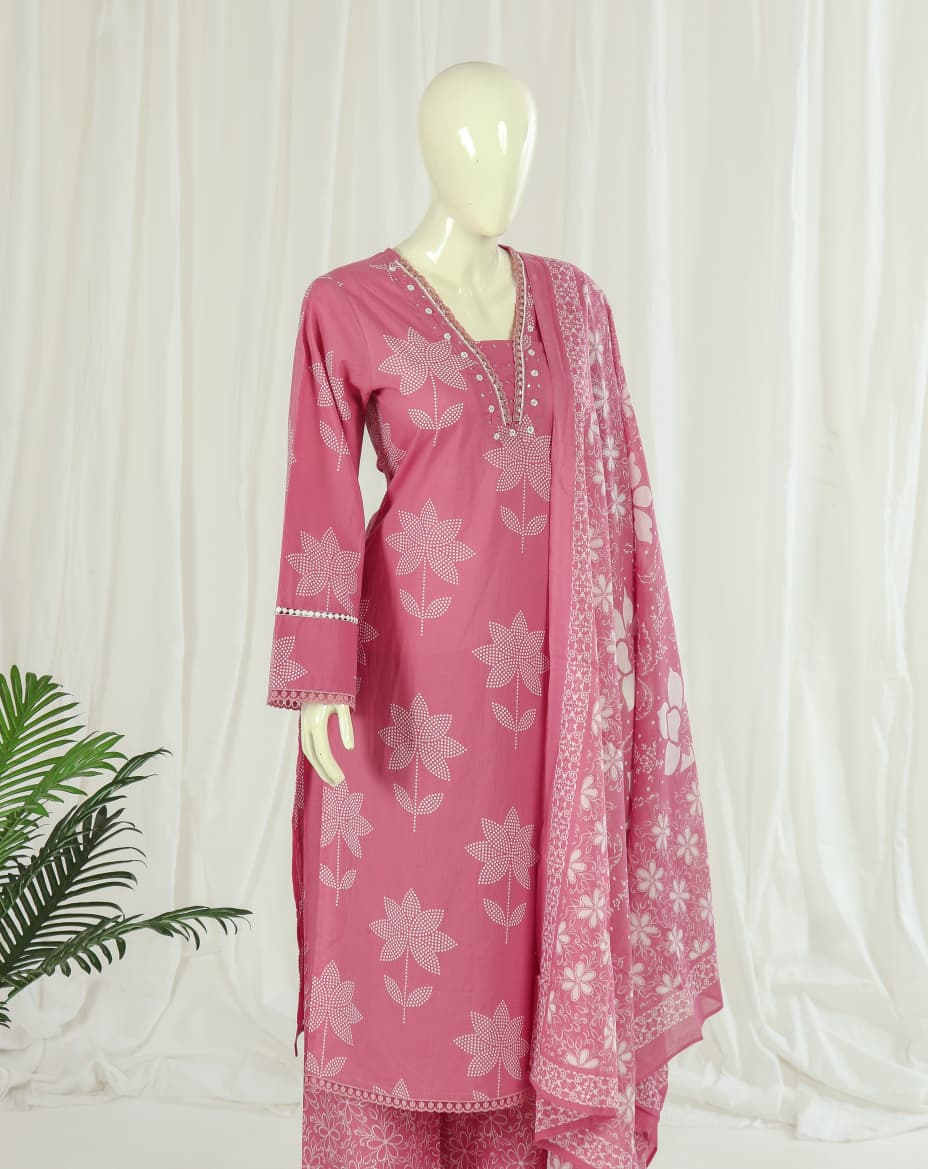 Premium 60-60 Cotton A-line Kurti Palazzo Dupatta  Pakistani Style Full Sleeves