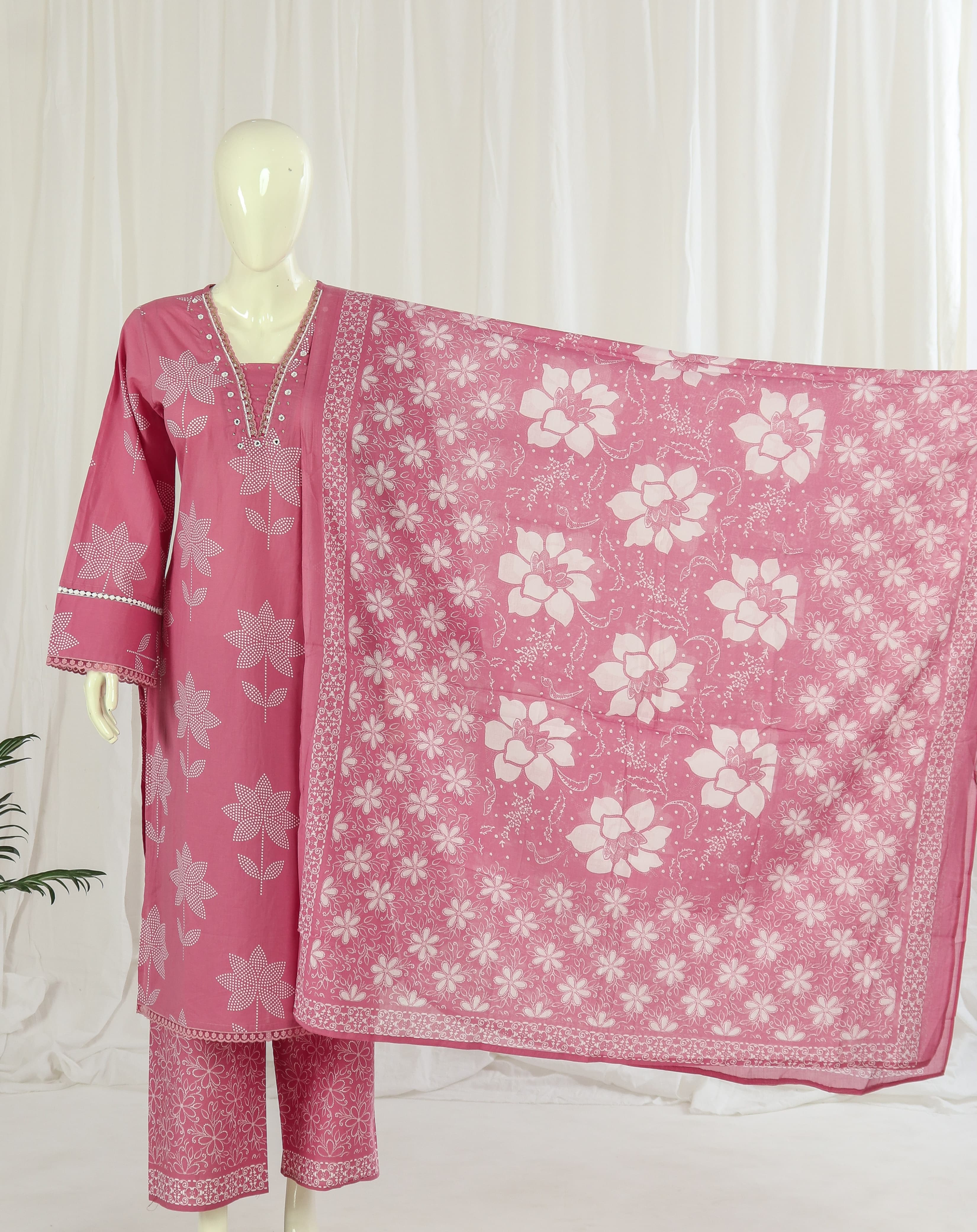 Premium 60-60 Cotton A-line Kurti Palazzo Dupatta  Pakistani Style Full Sleeves