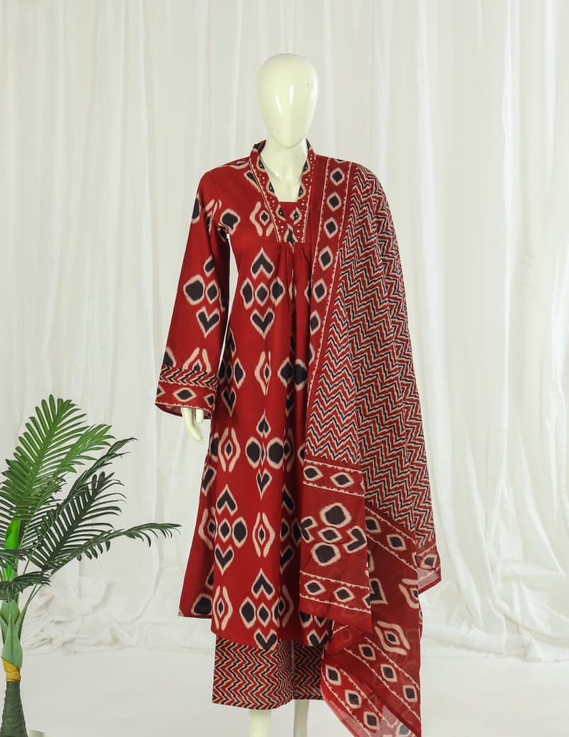 Premium 60-60 Cotton A-line  Kurti Palazzo Dupatta  Pakistani Style Full Sleeves