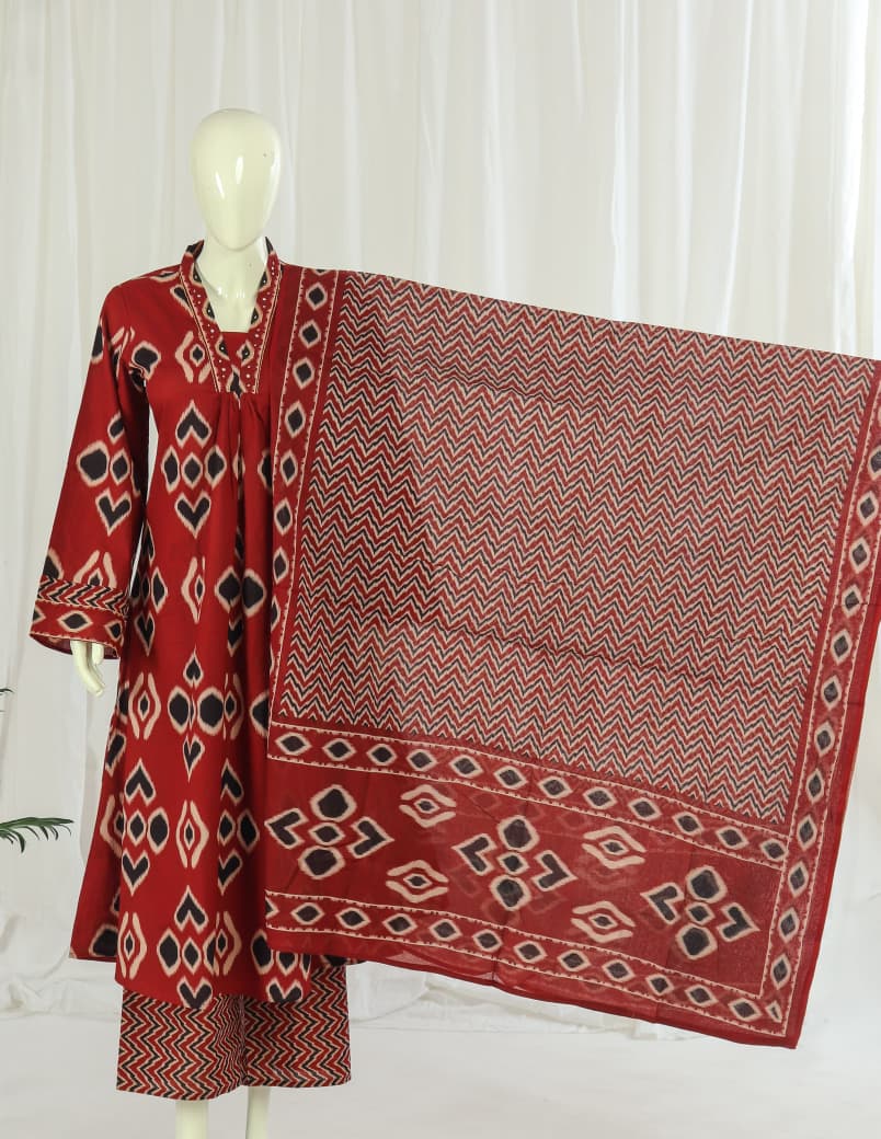 Premium 60-60 Cotton A-line  Kurti Palazzo Dupatta  Pakistani Style Full Sleeves