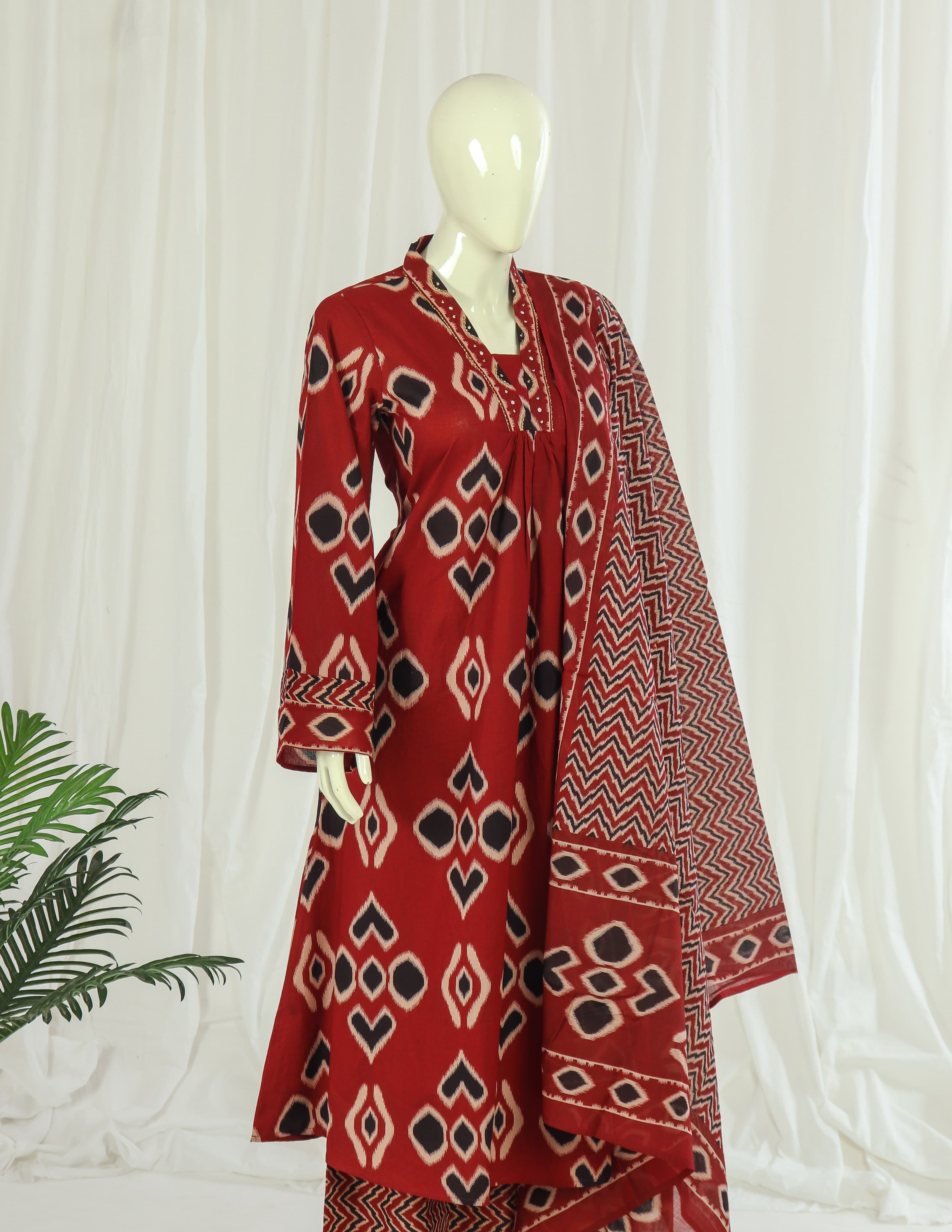 Premium 60-60 Cotton A-line  Kurti Palazzo Dupatta  Pakistani Style Full Sleeves