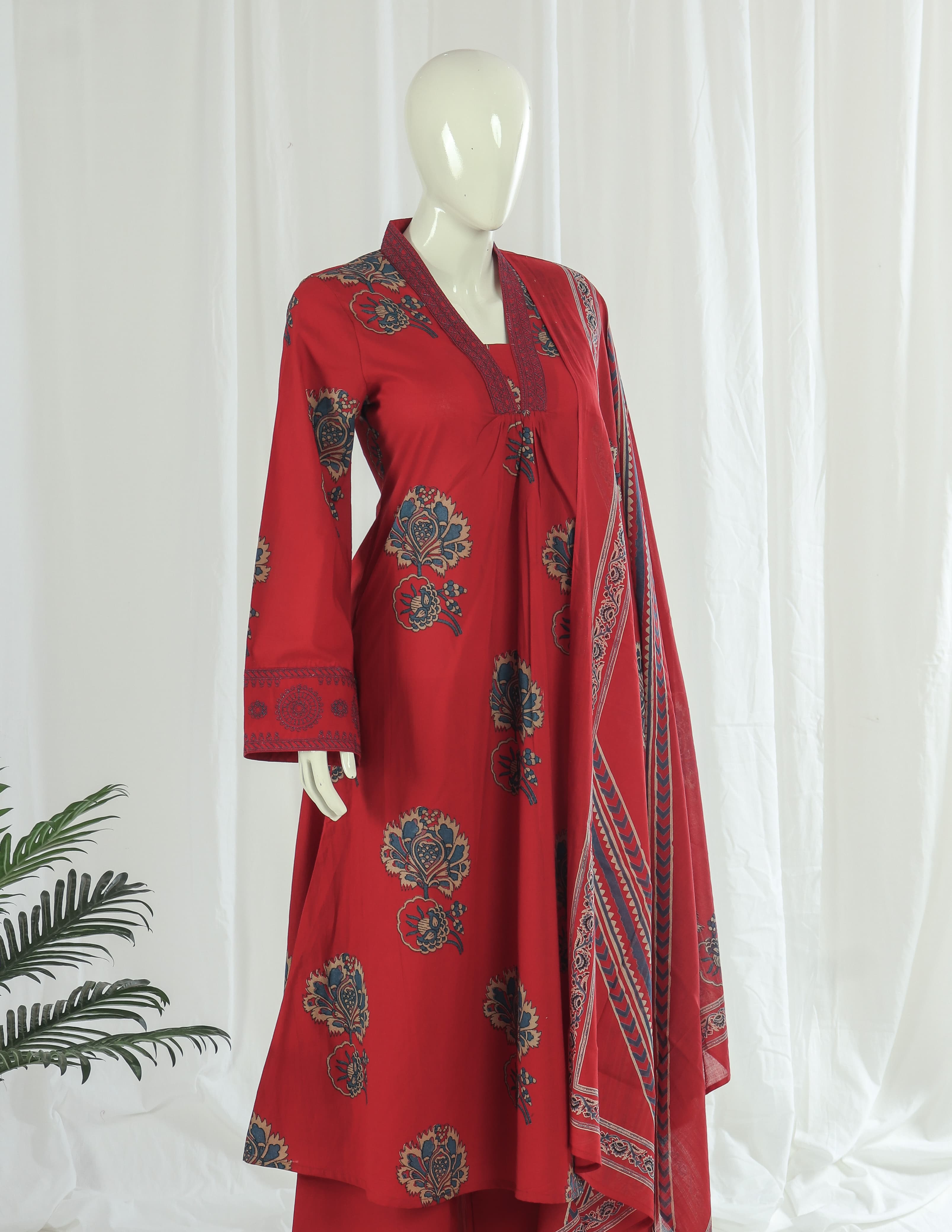 Premium 60-60 Cotton A-line Anarkali Kurti Palazzo Dupatta