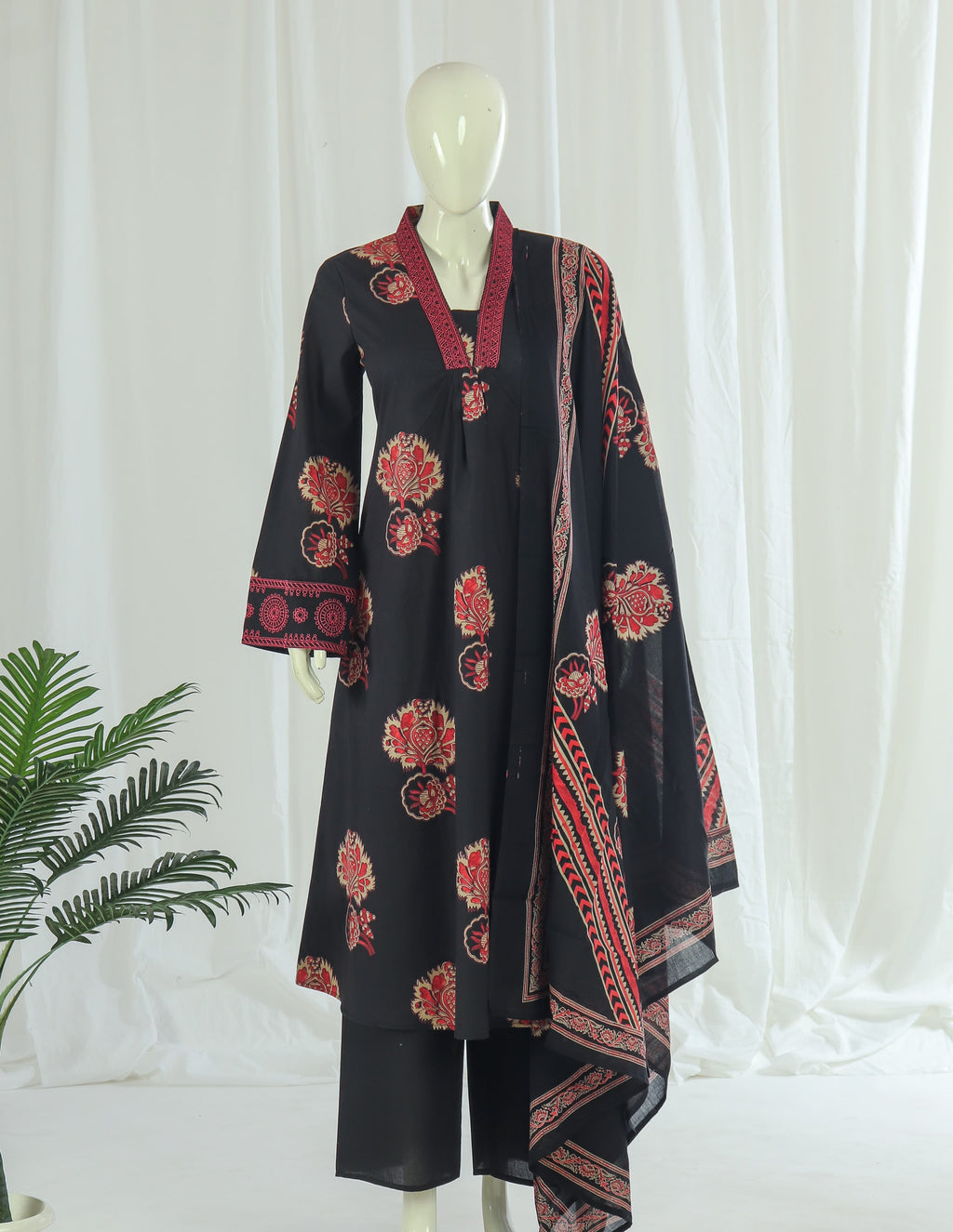 Premium 60-60 Cotton A-line Anarkali Kurti Palazzo Dupatta