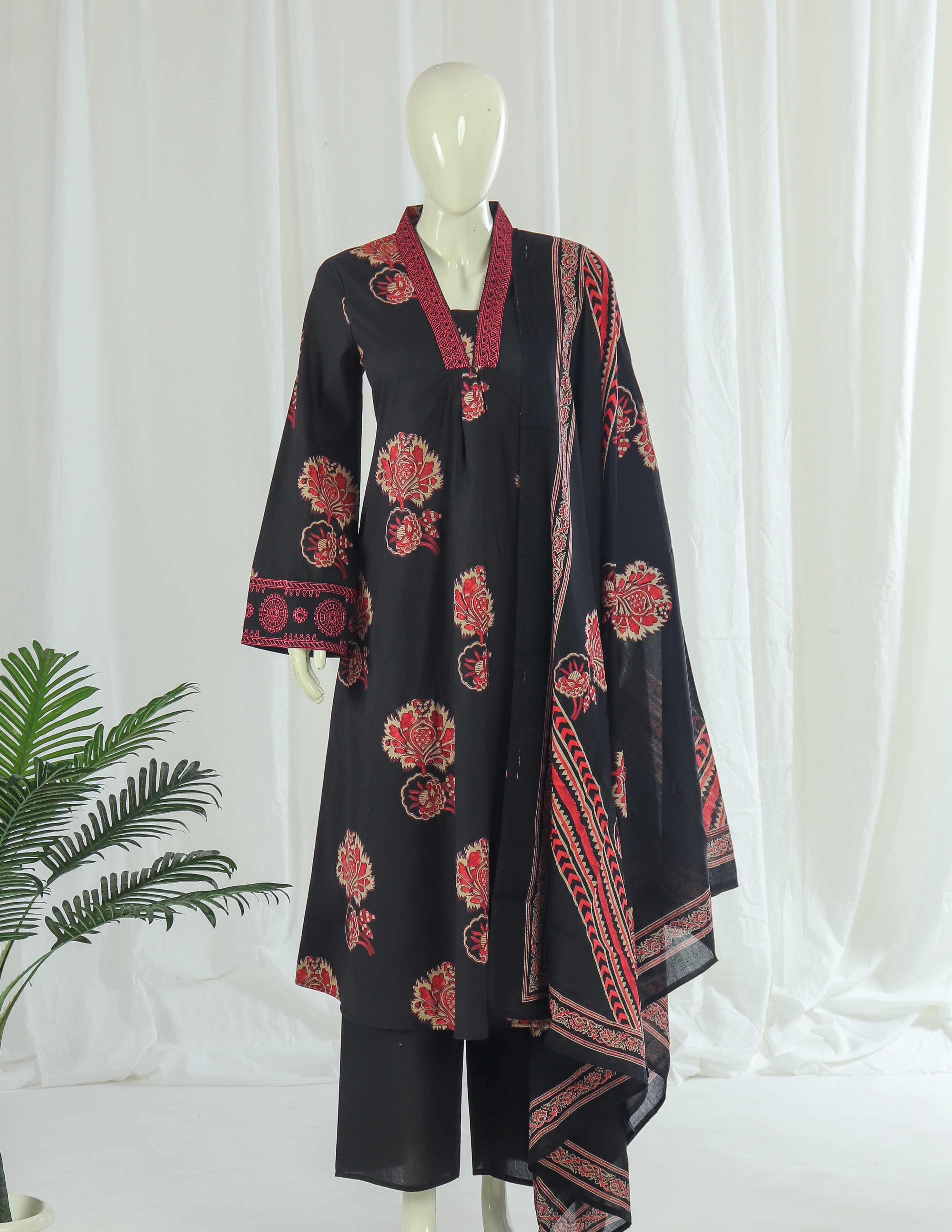 Premium 60-60 Cotton A-line Anarkali Kurti Palazzo Dupatta