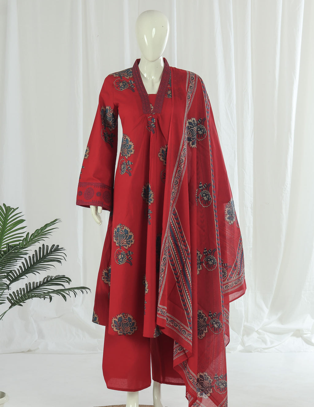 Premium 60-60 Cotton A-line Anarkali Kurti Palazzo Dupatta