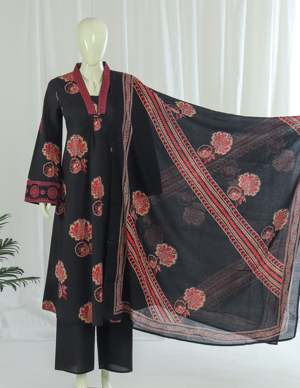 Premium 60-60 Cotton A-line Anarkali Kurti Palazzo Dupatta