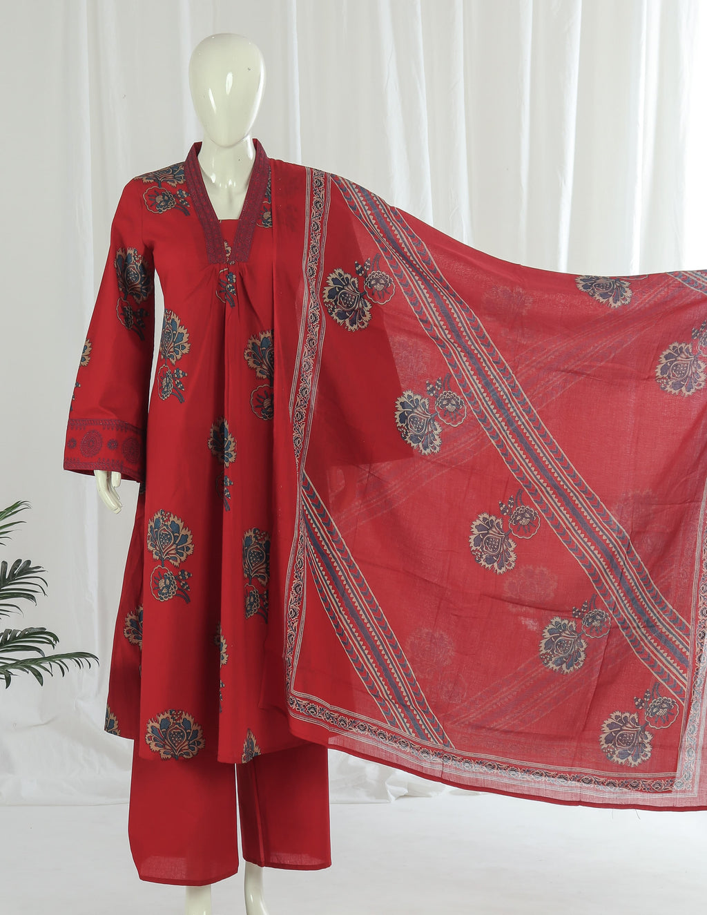 Premium 60-60 Cotton A-line Anarkali Kurti Palazzo Dupatta
